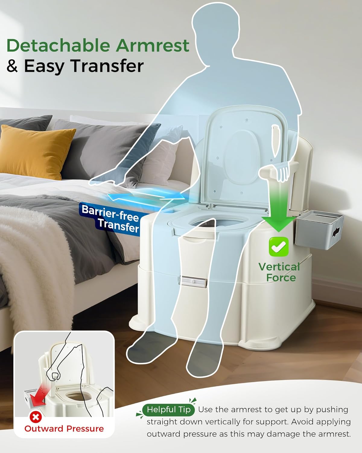 Bedside Commode, Upgraded Commode Toilet Potty Chair with 3 Rolls of Commode Liners, Automatic LED Light, Detachable Armrests, 2-Level Height, Heavy Duty 880lbs Loading