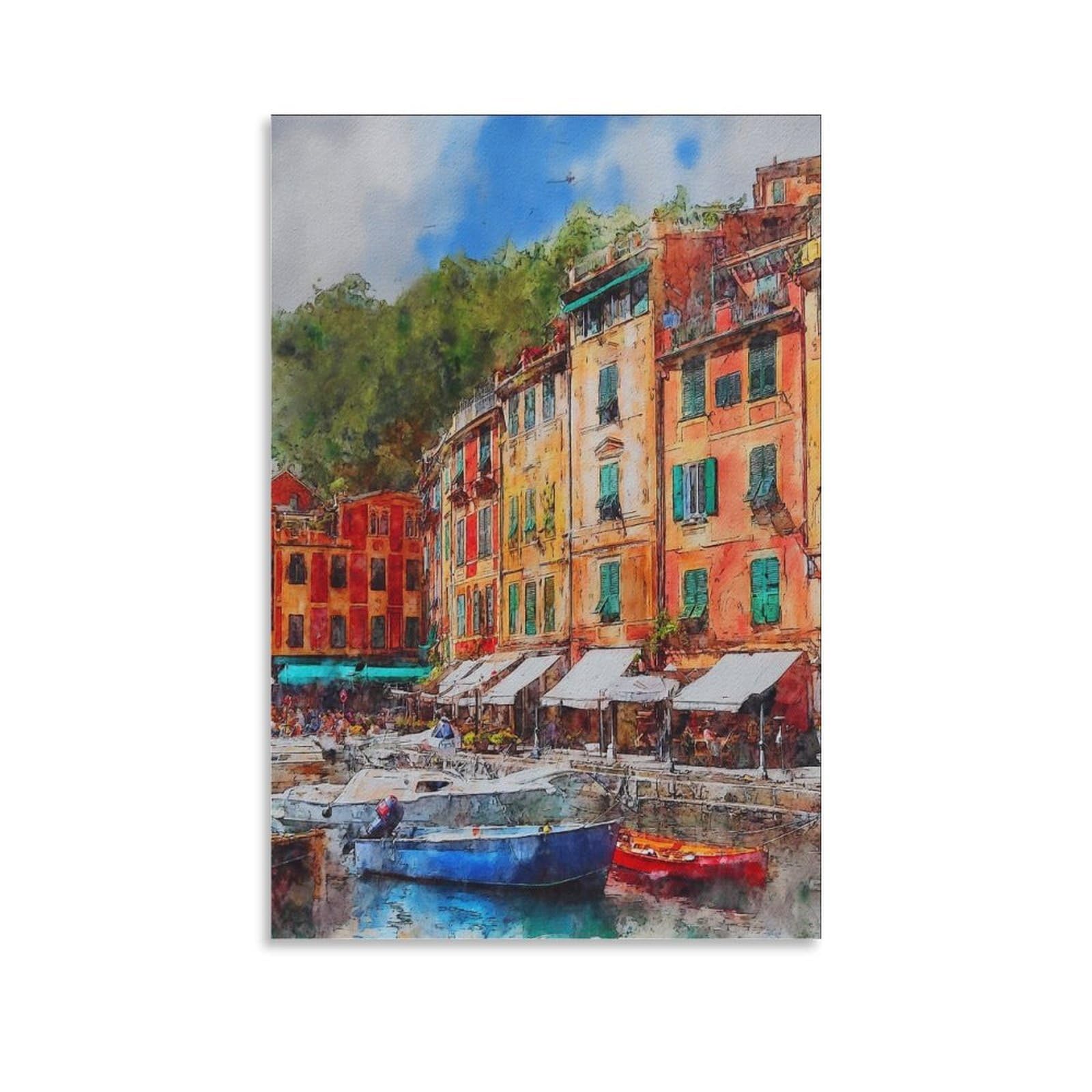 Lcynnh Unframe-Style Portofino Italy 08X12inch(20X30cm) Vintage Travel Poster Watercolor Canvas Art