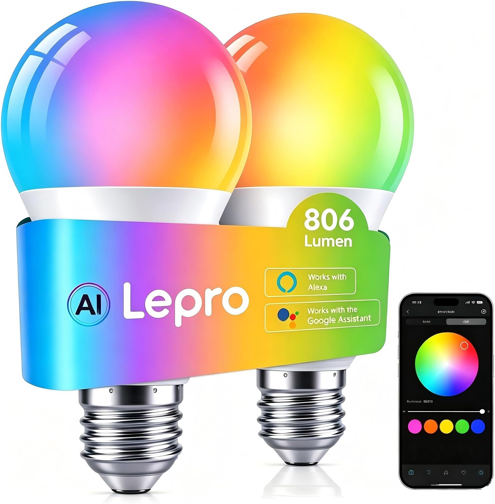 AI E27 Smart Bulb, 8.5W=60W 806lm LED Screw Bulbs, WiFi Bulb 2 Packs | RGB Colour Changing & Tunable White 2700K-5700K, App Control, Dimmable, Schedual& Timer, Works with Alexa & Google Home