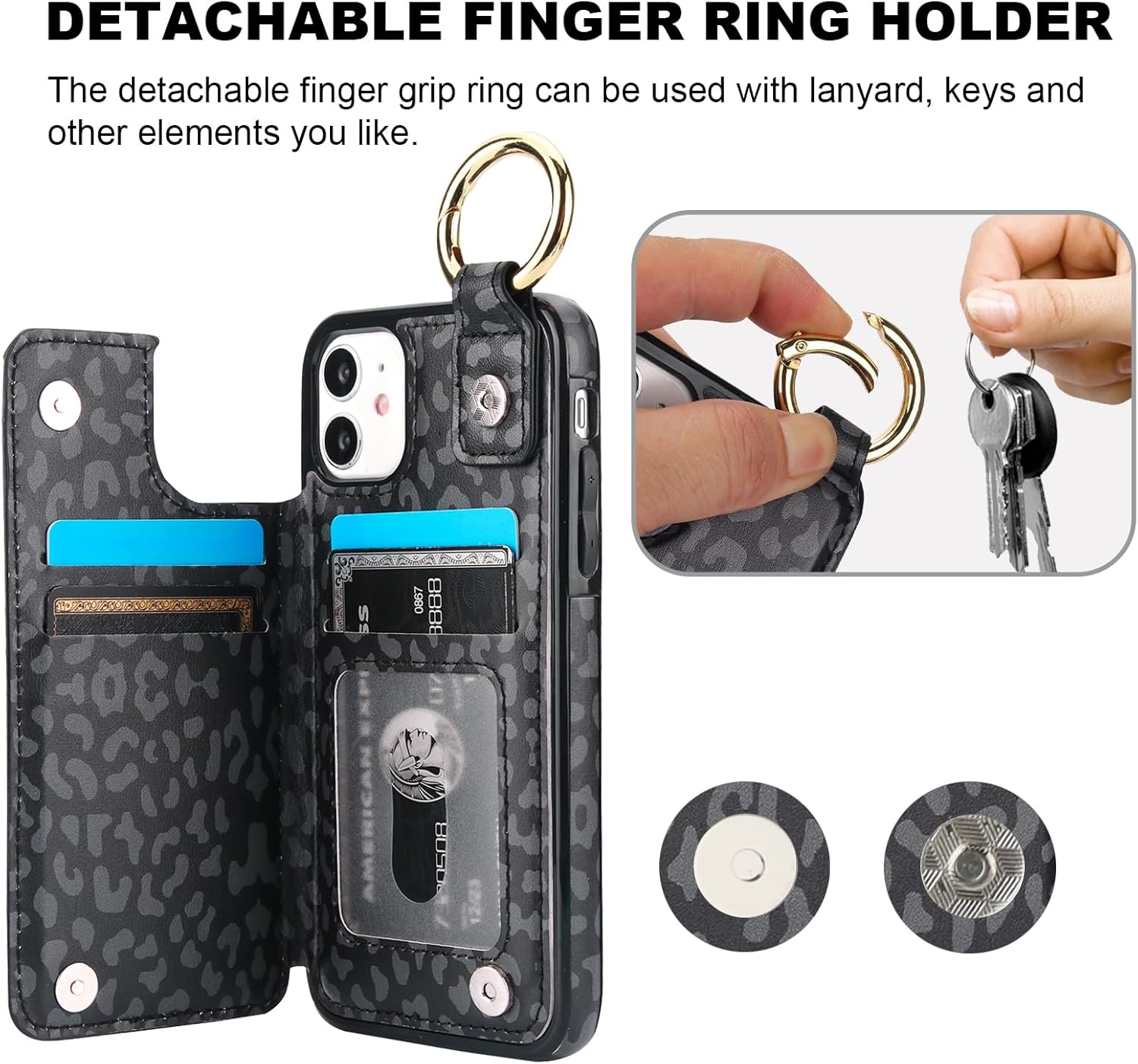 HAOPINSH for iPhone 11 Wallet Case with Card Holder, Black Leopard Cheetah Print Back Flip Folio PU Leather Kickstand Card Slots Case, Finger Grip Ring Double Magnetic Clasp Shockproof 6.1"
