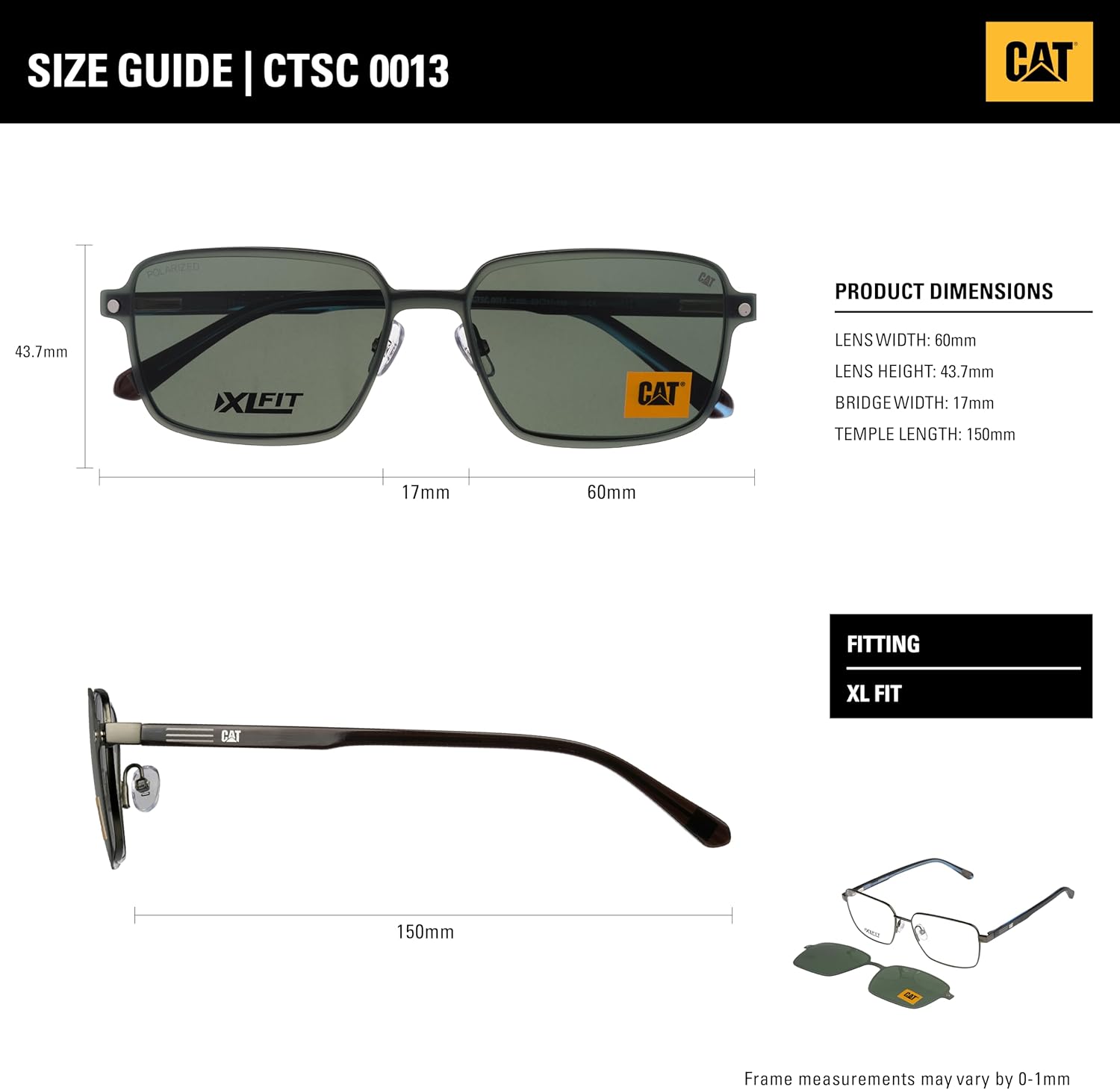 CAT CTSC 0013 Men's Square Eyewear Frame with Magnetic Polarized Sun Clip, Extra Large Fit, 60 mm