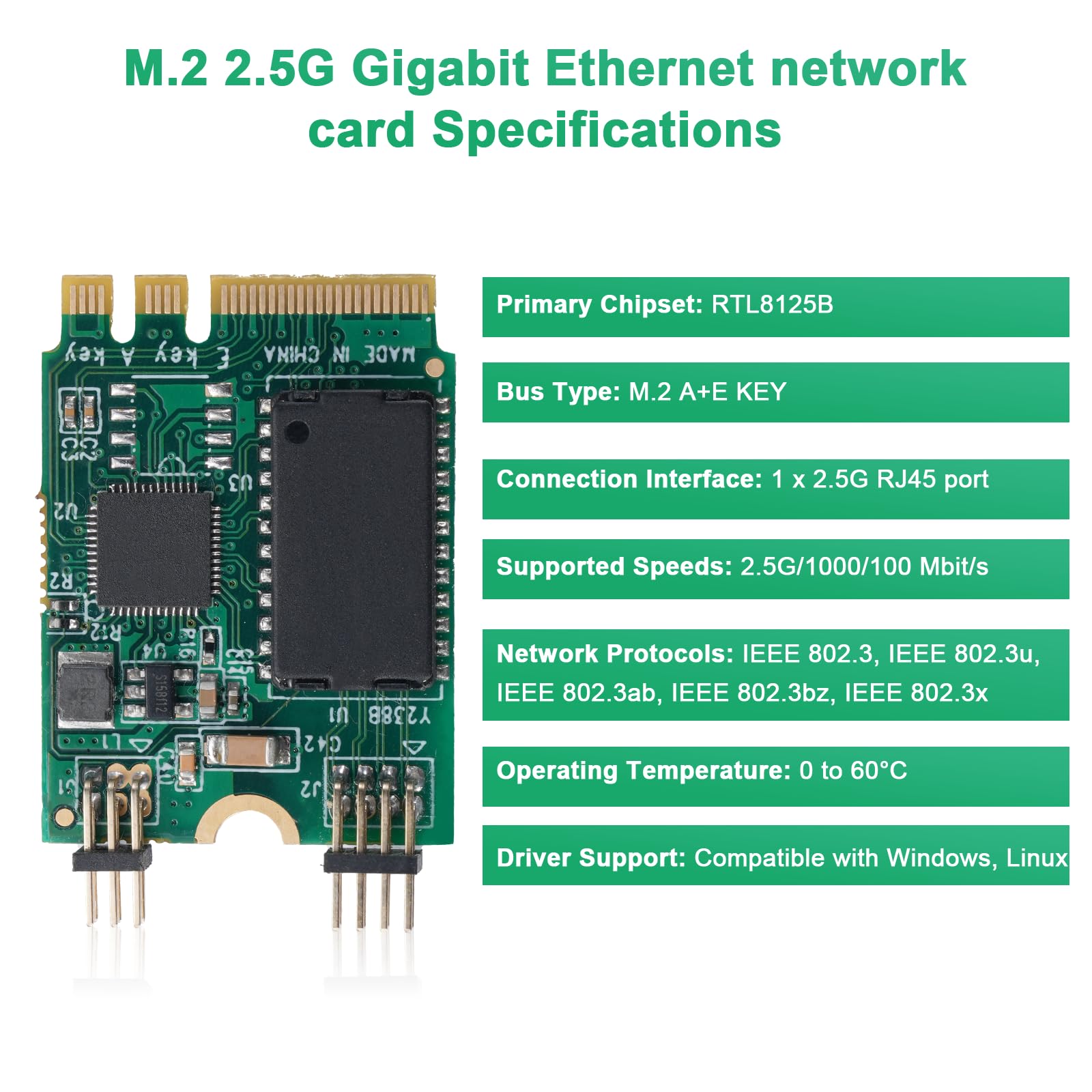 M.2 2,5 G Gigabit Ethernet, adattatore M.2 A+E Key 2.5 G Ethernet con chipset RTL8125B, Single Port Gigabit Server NIC Adattatore per Win/Linux