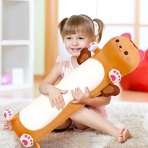 Miniatura 6 de Officygnet Almohada de felpa de gato, almohada de felpa de 28 pulgadas de largo, lindos animales de peluche, juguete de muñeca Kawaii, regalo cálido