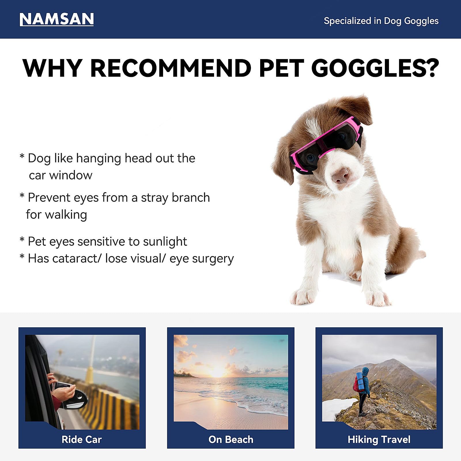NAMSAN Occhiali da sole per cani di piccola taglia, occhiali protettivi per cani di piccola taglia, antivento, impermeabili, con elastico regolabile, rosa