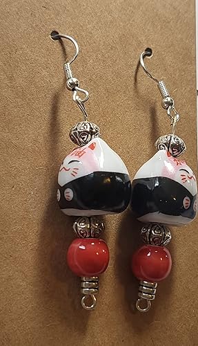 Miniatura 5 de Happy sumo wrestlers cat glass handcrafted drop dangle earrings