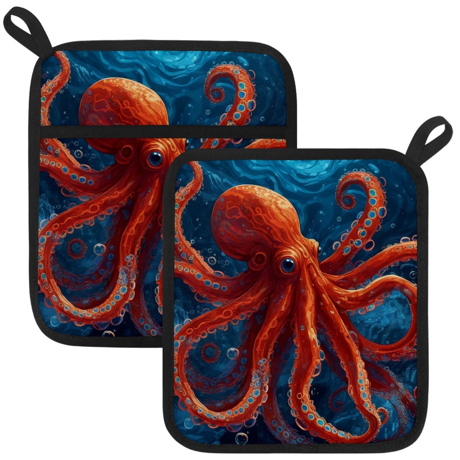 VAPOKF Cute Octopus Heat Resistant Pot Holders, Thick Pot Holders Pad with Hanging Loop for Kitchen, Oven Cloth Pads for Kitchen Baking Microwave Oven
