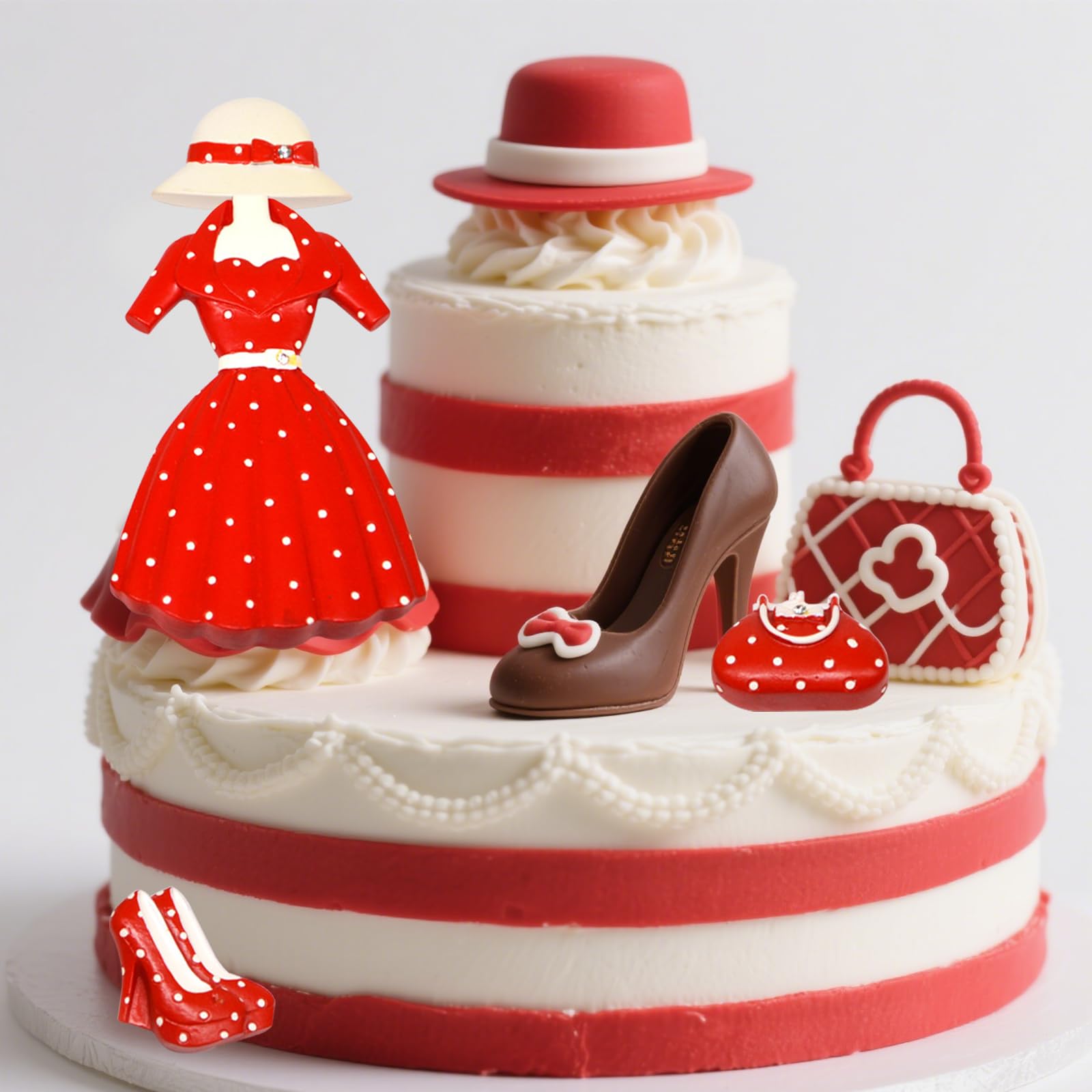 Linda falda de vestido de princesa de moda con tacones altos, sombrero y bolso de mano de silicona para decoración de pasteles de chocolate, caramelos, cupcakes, decoración de pasteles, arcilla