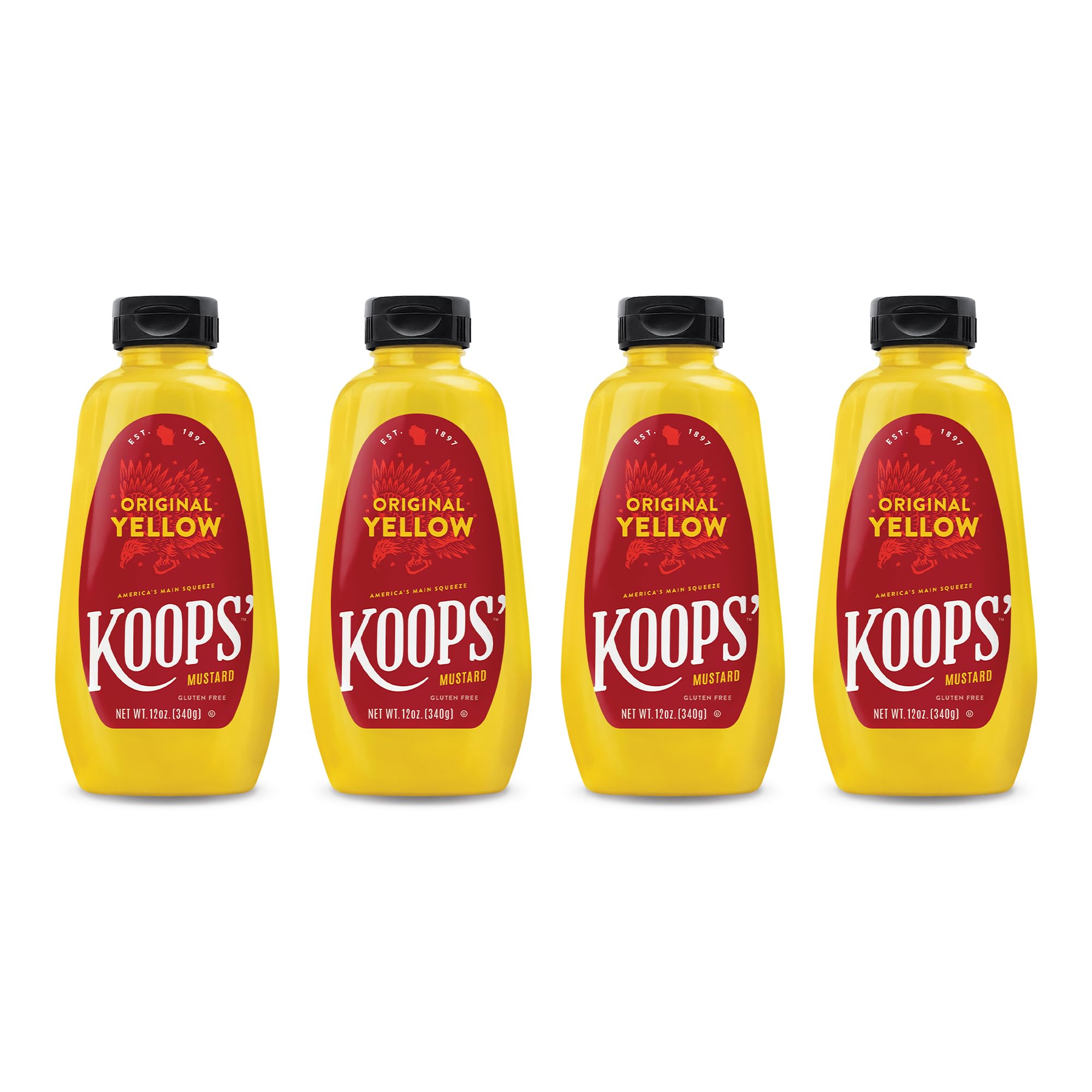 Koops' Original Yellow Mustard – Gourmet Mustard, Gluten-Free, Kosher, Made in USA, From Quality Mustard Seeds, Yellow Mustard Sauce – 12 Oz, Pack of 4