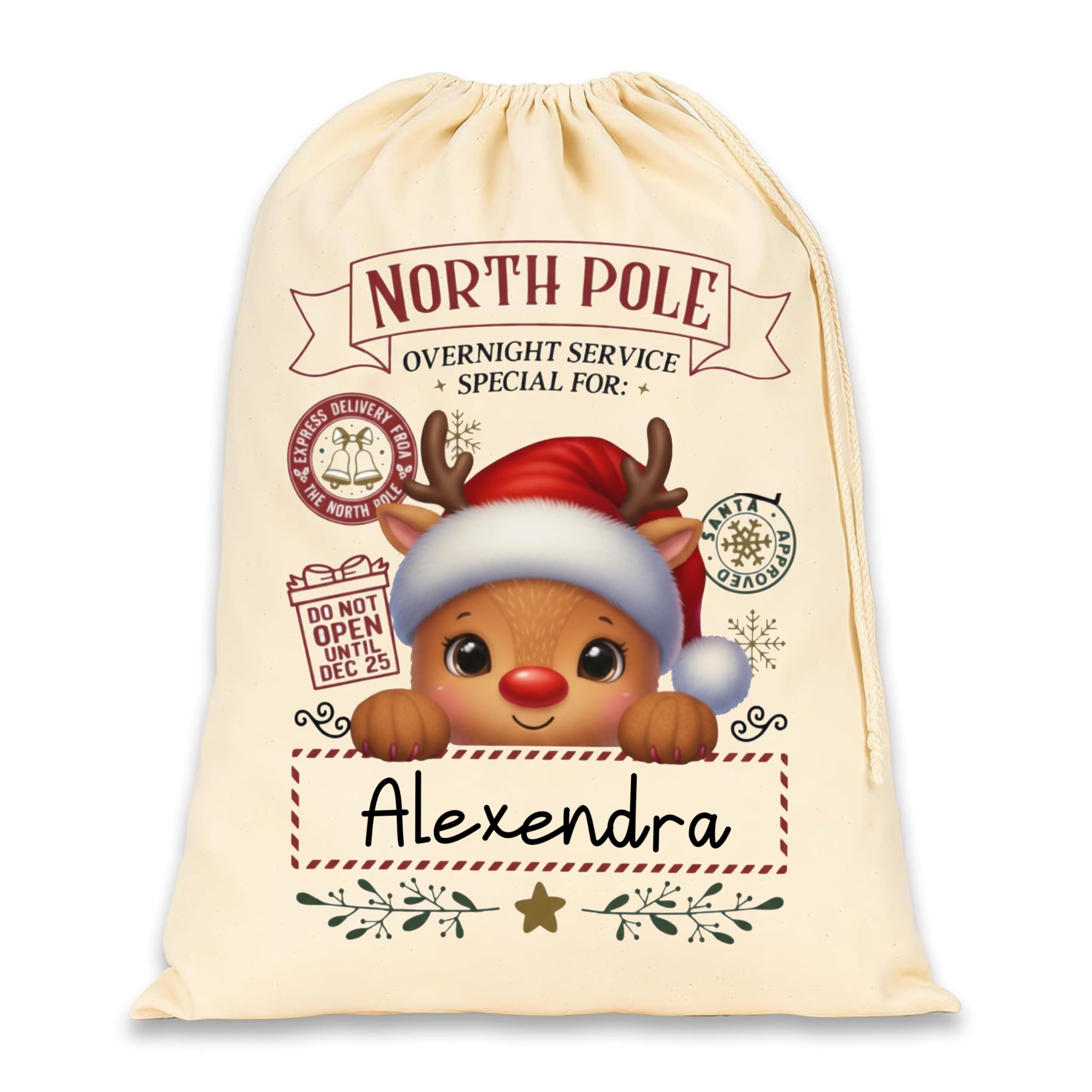 EKAM Personalised Merry Christmas Drawstring Gift Toy Bag Custom Santa Sack With Name, Large 50x75cm Christmas Sack for Gifts, Xmas Eve Drawstring Bag - Xmas Gift Bag for Under Tree (Design 1)