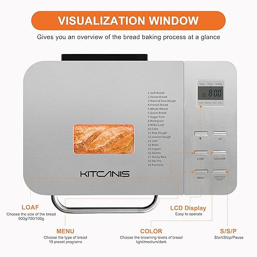 Miniatura 6 de Máquinas para hacer pan, panificadora de acero inoxidable 19 en 1 con dispensador automático, máquina de pan grande de 2.2 libras, sartén