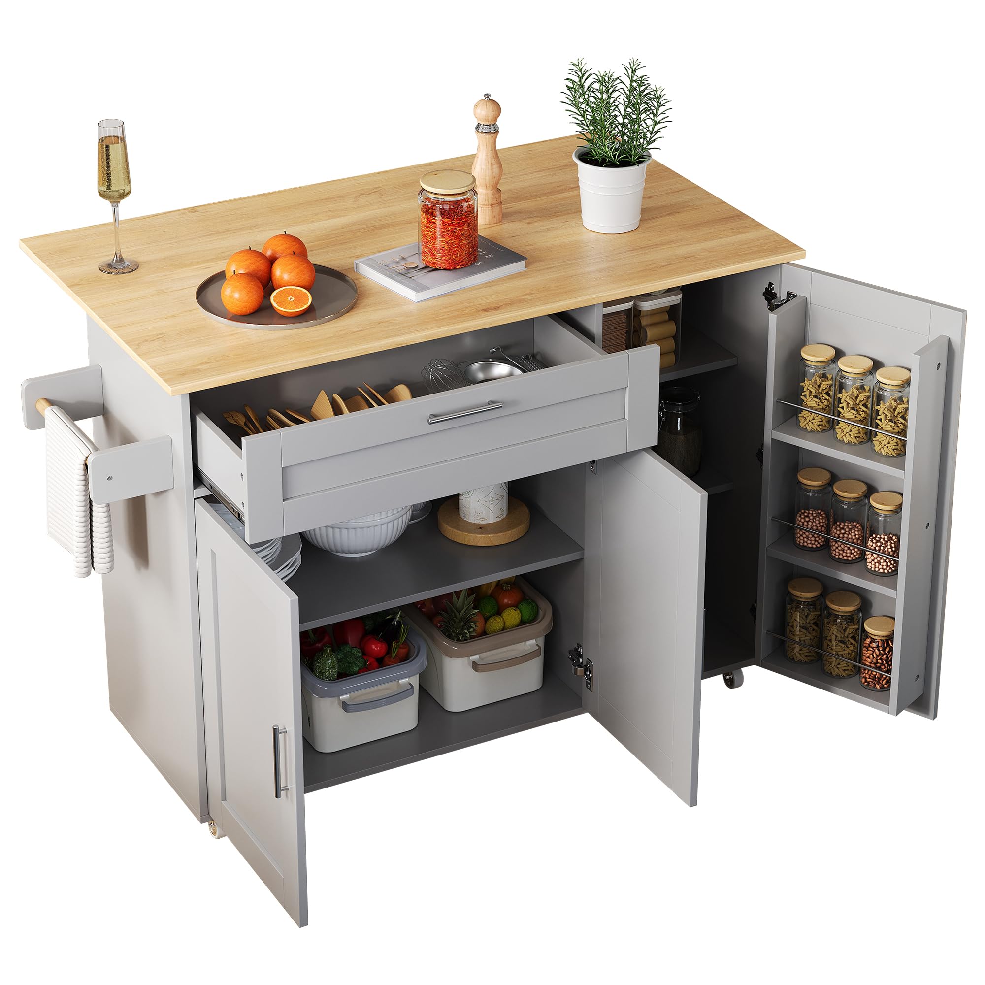 ilot Central Cuisine,desserte à roulettes Cuisine,Meubles de Cuisine avec Plan de Travail Rabattable,avec Espace de Rangement (Gris, 132.5x44x90cm)