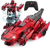 Vista 9 de Coches de control remoto de dinosaurio, robot transformador de auto de control remoto de 2.4 GHz con luz intermitente, rotación de 360°, un botón