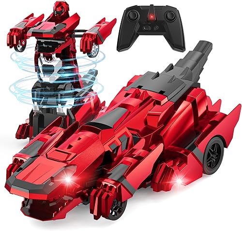 Miniatura 9 de Coches de control remoto de dinosaurio, robot transformador de auto de control remoto de 2.4 GHz con luz intermitente, rotación de 360°, un botón,