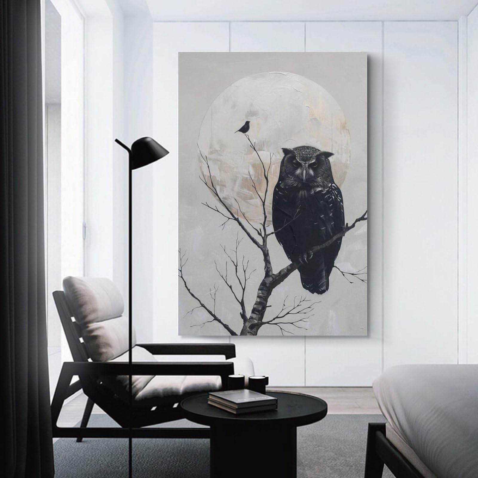 Junmoney Decorative Canvas Print Owl And Bird on Branch, 24x36inch(60x90cm), for Home Office, Desk Area Or Studio, Home Office Artwork with Decorative Appeal