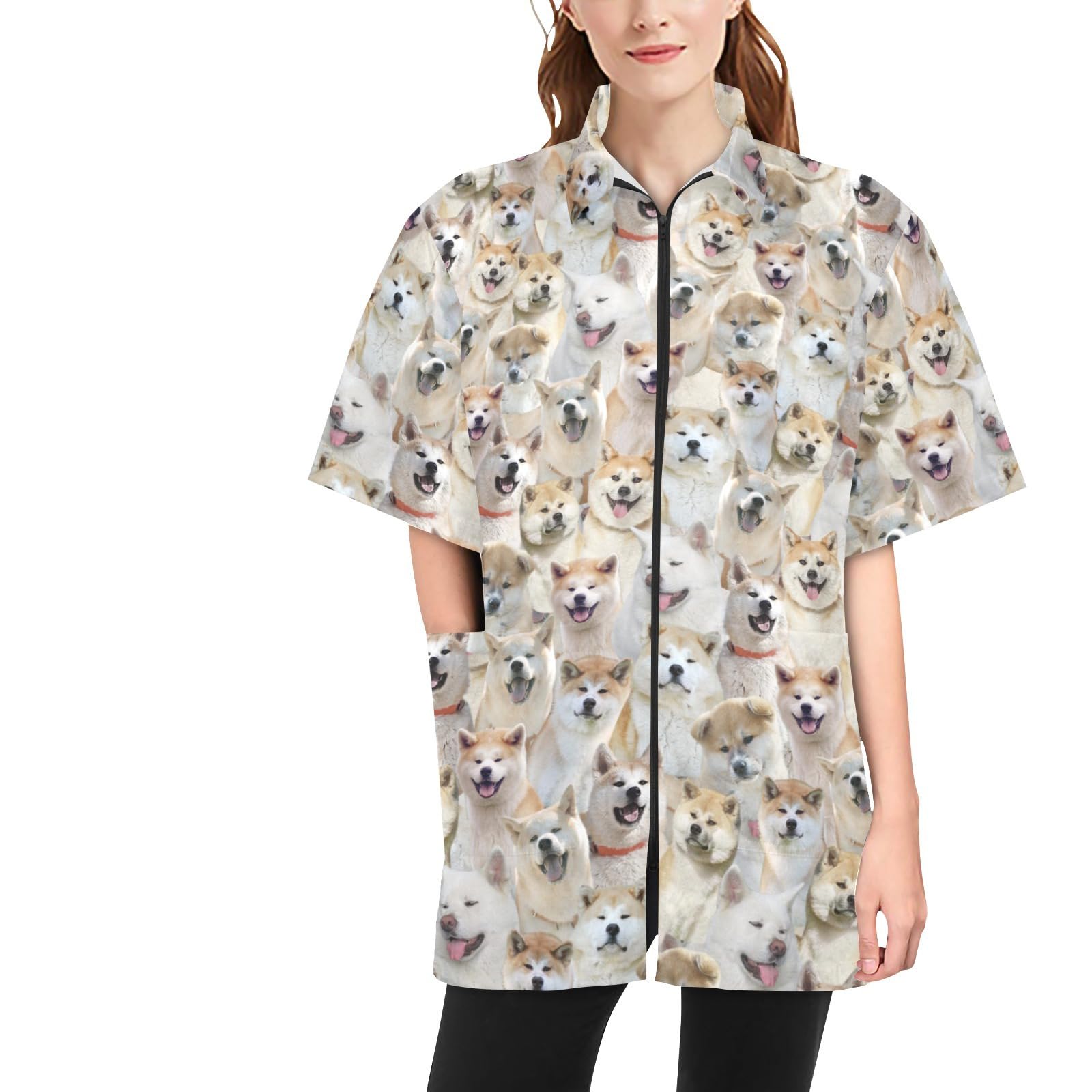 COWCUTE Akita Print Pet Grooming Smock, Waterproof Pet Groomer Zipper Jackets for Women Men, Gifts for Akita Mom Dog Lover