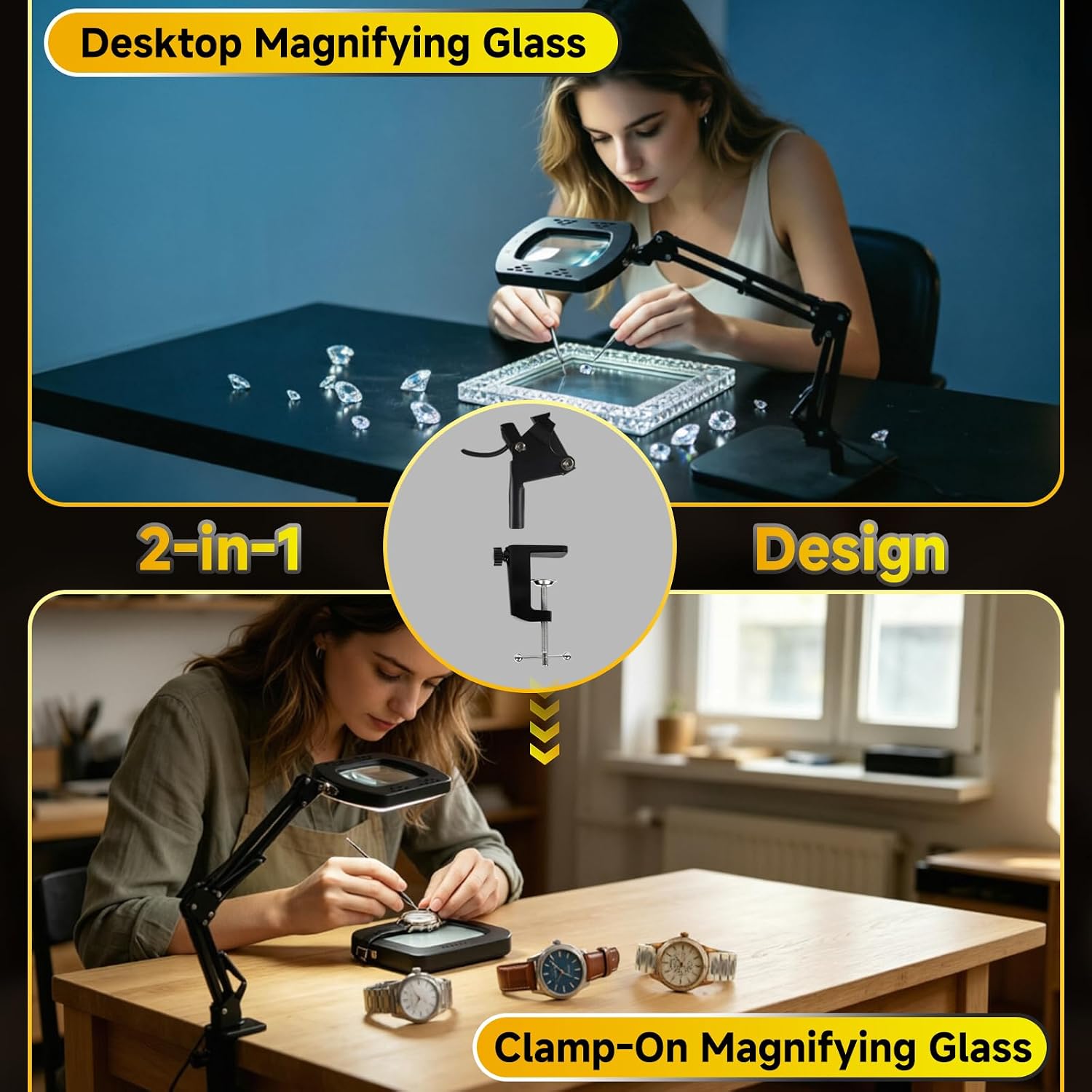 12X Magnifying Glass with Light and Stand, Desk Lamp Magnifier with 144 LED Lights Hands Free, 5 Color Modes & 10 Dimmable Brightness, Jewelry Magnifying Glass for Craft, Close Work, Hobby