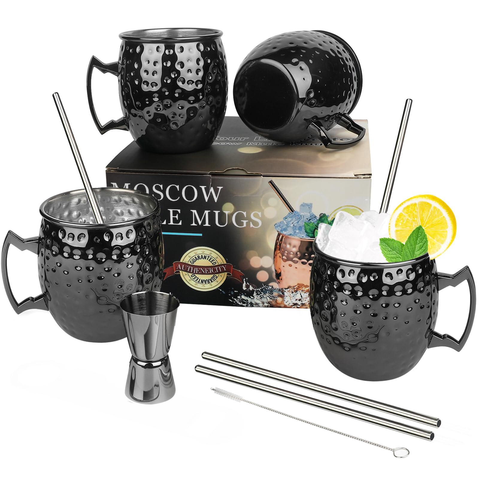 LINALL Moscow Mule Mugs- Set of 4 Gunmetal Black Stainless Steel Mug Set 18oz 4pcs Cup Mat Mugs Set, for Chilled Drinks Cocktail Glass
