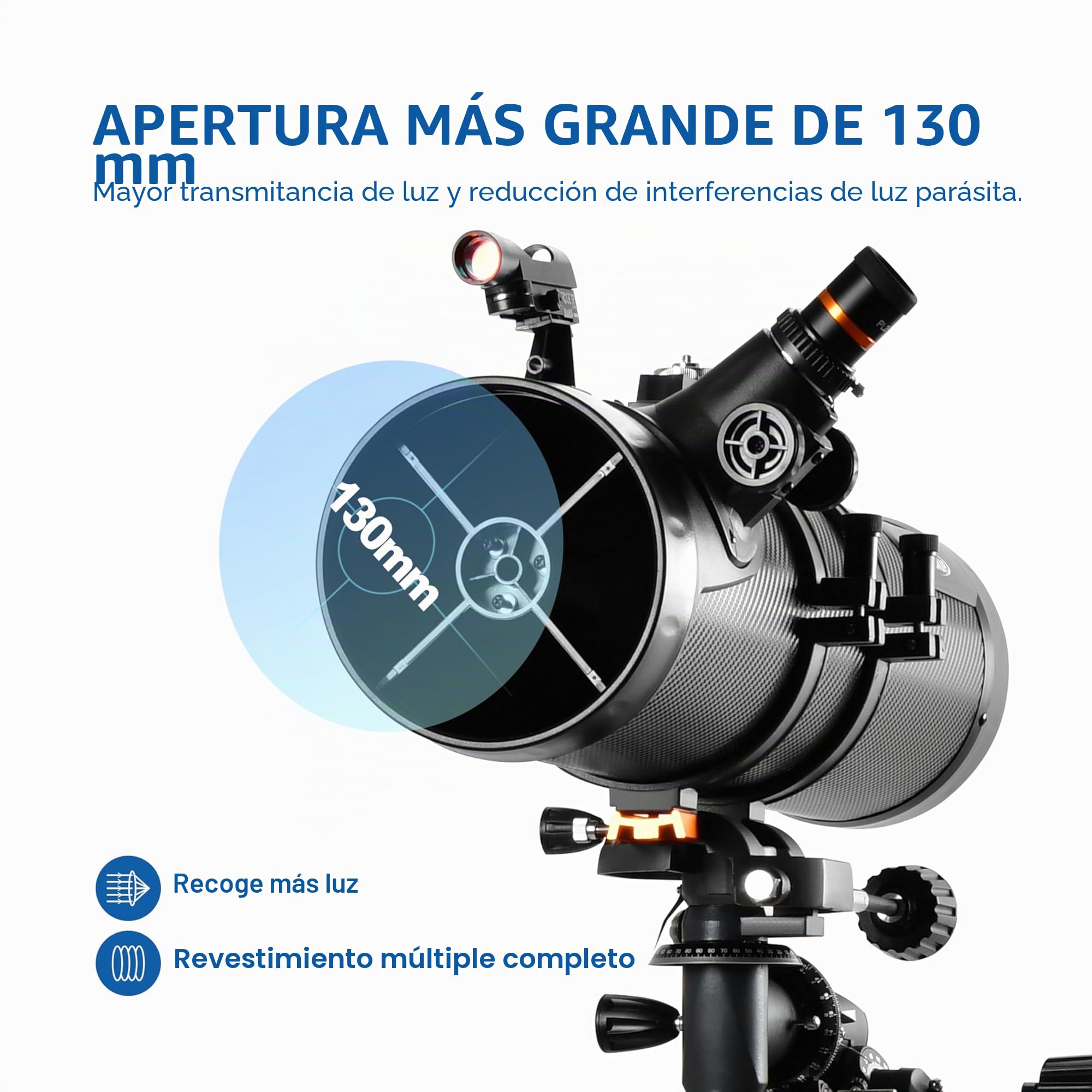 AOMEKIE Telescopio para Adultos Astronomía Apertura 130mm Telescopio Reflectores 650mm para Principiantes con Montura EQ5 2 Oculares Plossl y Adaptador de Teléfono y Visor
