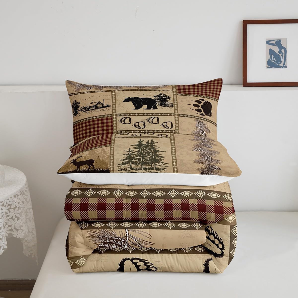 Retro Bear Print Queen Size Comforter Set,Deer Antler Pine Nut Plant Bedding Set with 2 Pillowcases,Animals Hunting Buffalo Plaid Breathable Bedding Comforters for Man Couple