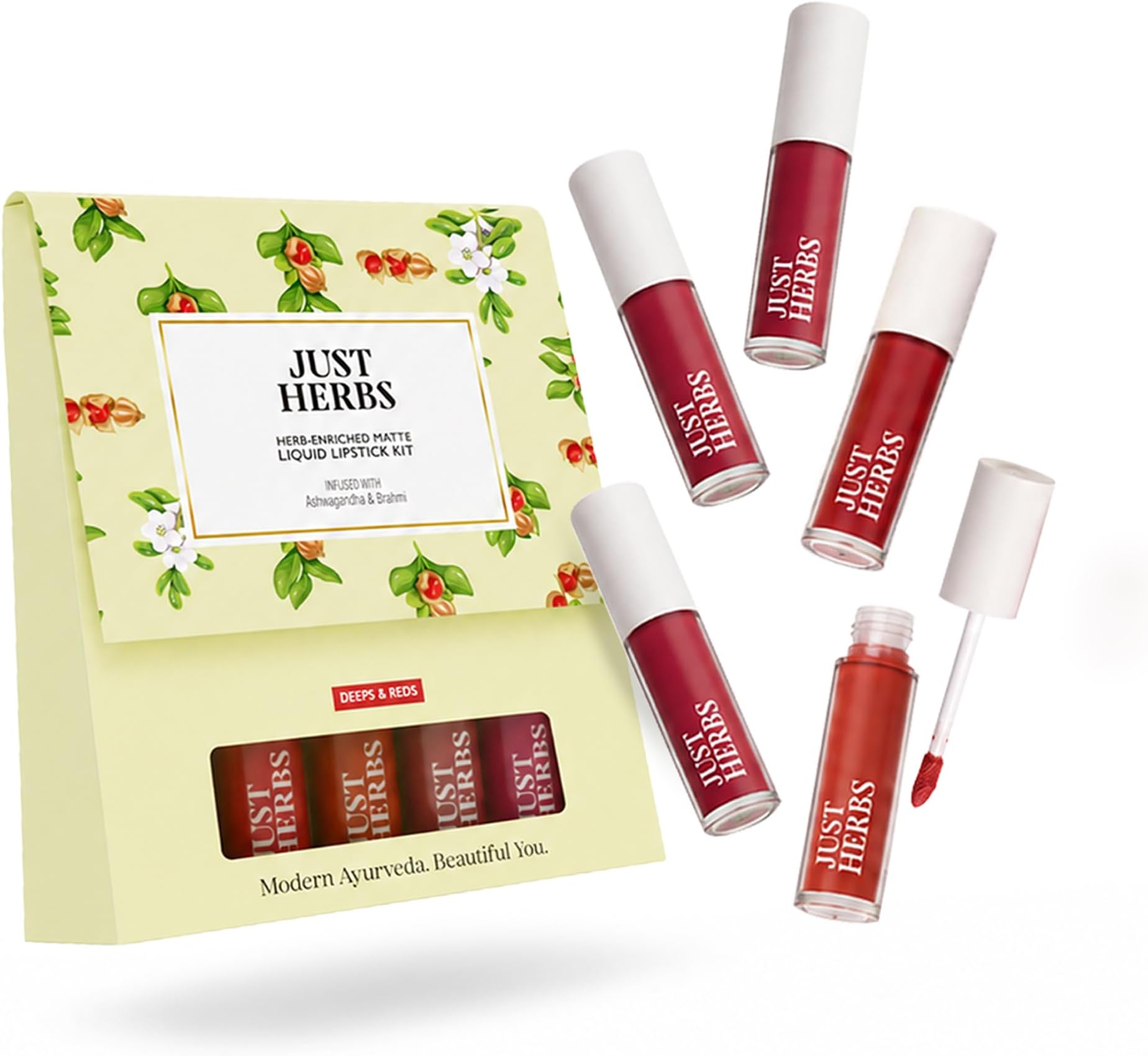 Just Herbs Ayurvedic Liquid Lipstick Kit Set of 5 with Long Lasting Matte Finish, Hydrating & Lightweight Lip Colour, Deeps & Reds - Paraben & Silicon Free - 5 ml