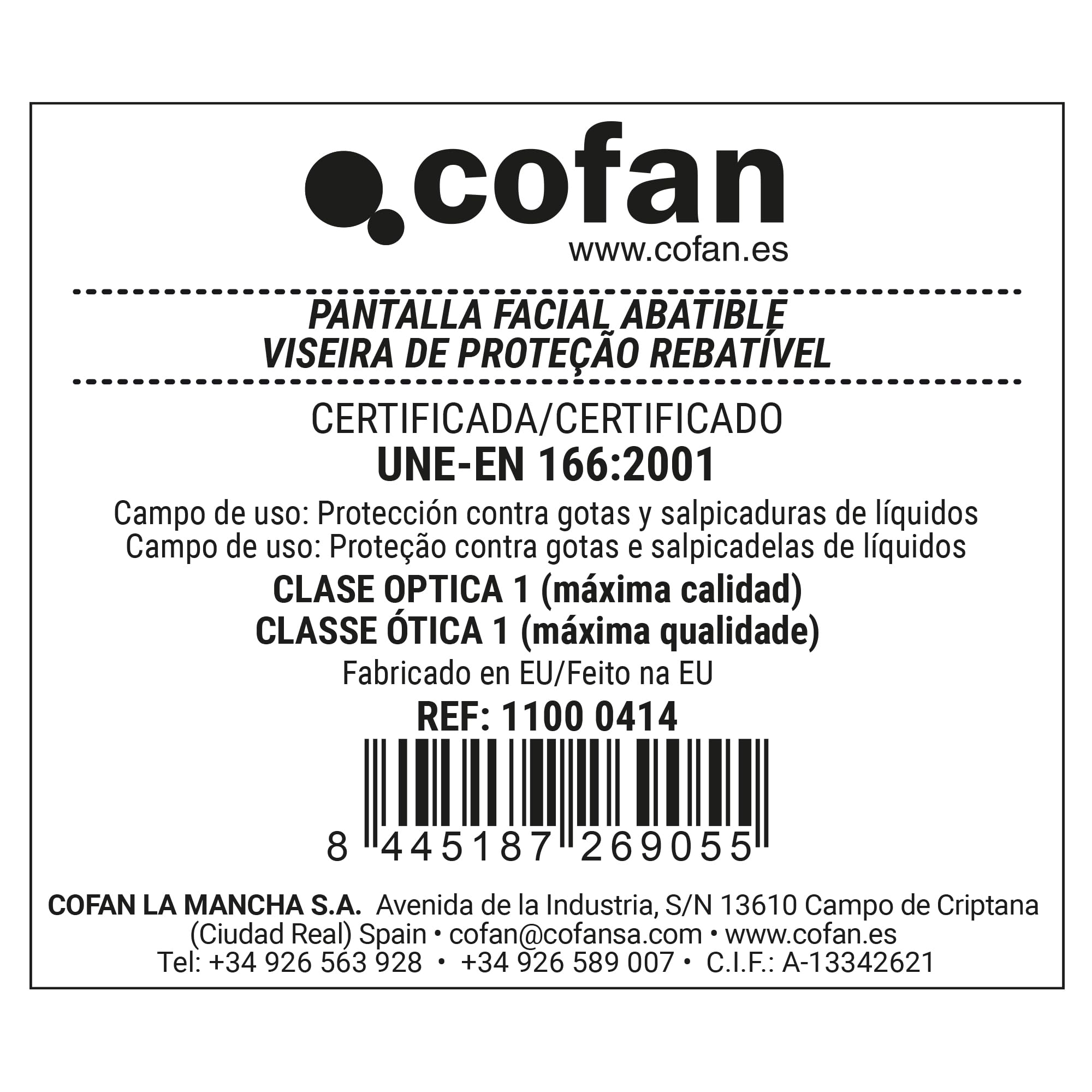 Cofan Pack 25 pantallas faciales protectoras V4 reutilizables | Barrera física frente a gotas y salpicaduras de líquidos