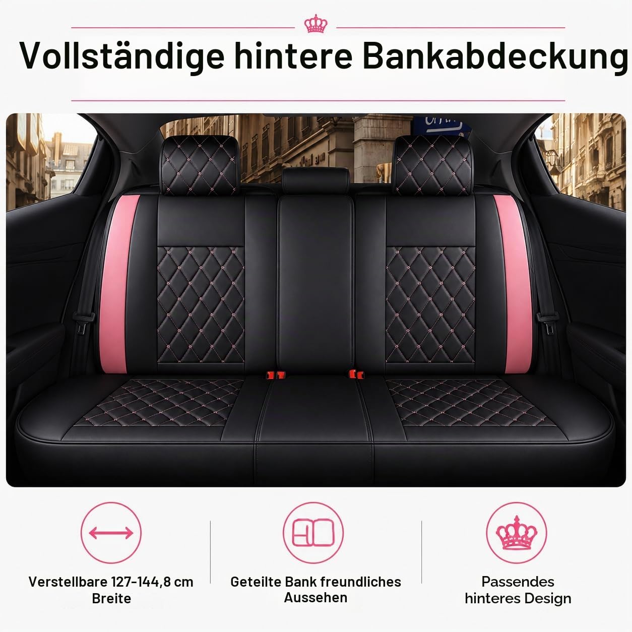 Komplettset Autositzbezüge aus atmungsaktivem Kunstleder Für Vorder- und Rücksitze inkl. Kopfstützen - reduziert Fahrermüdigkeit - passend für die meisten Pkw (Pink + schwarz, Vorder- & Rücksitze)