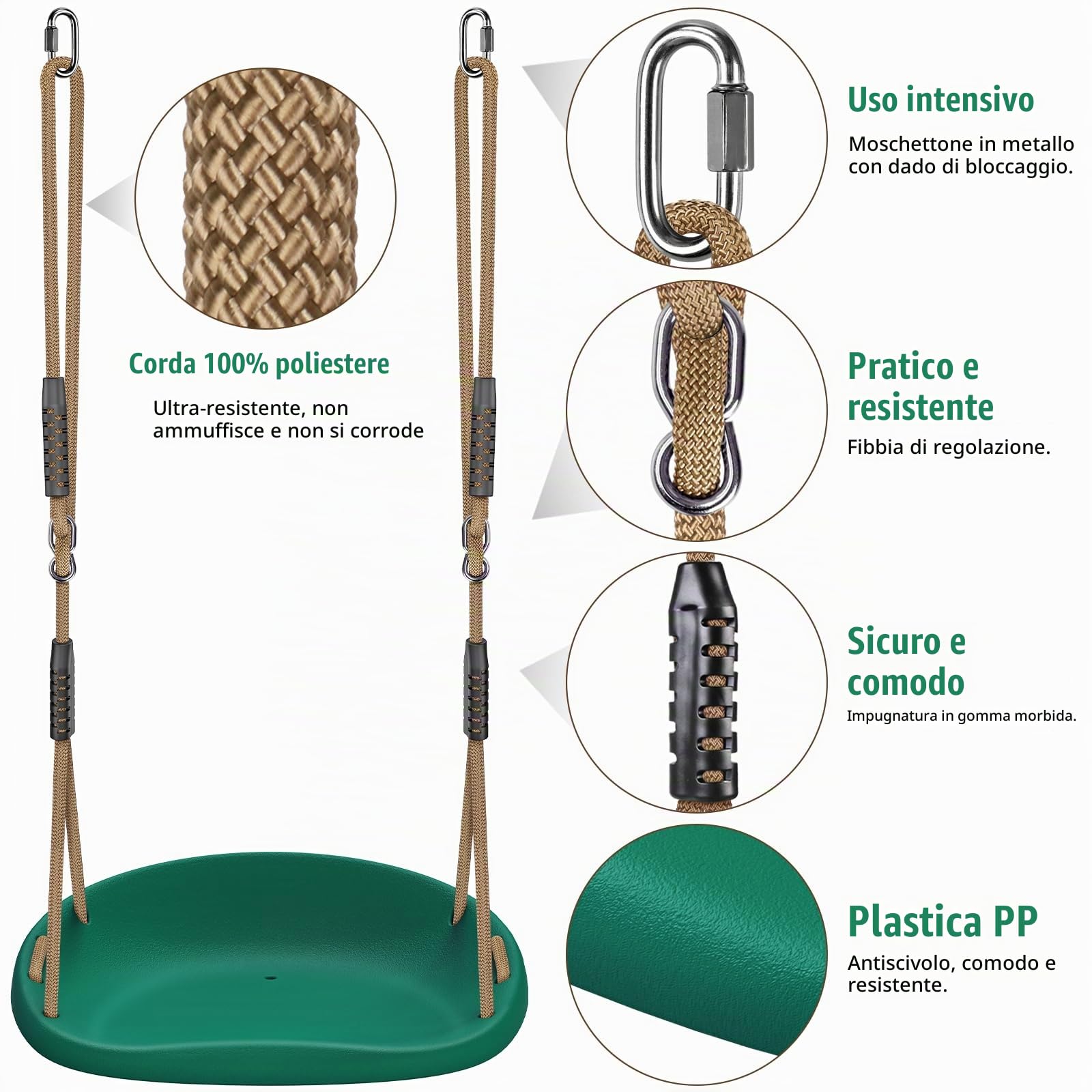 SELEWARE Seggiolino in plastica per altalena, set di altalene per bambini antiscivolo con corda regolabile di 6,7 piedi e 2 moschettoni, altalena per bambini da giardino resistente,Verde