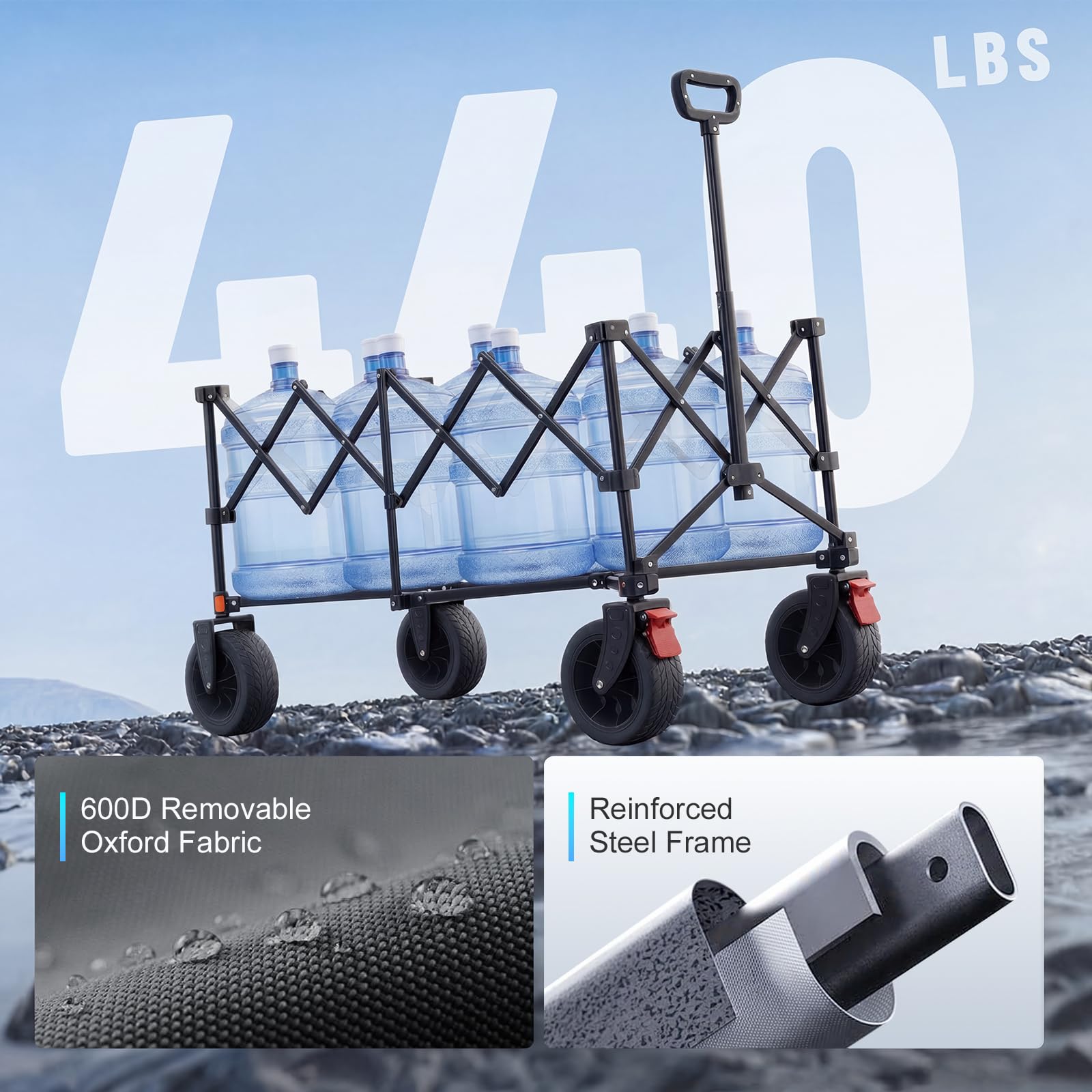 Overmont XXXL składany wózek, bardzo długi (118 cm), pojemność 270 l, nośność 200 kg, do dużych obciążeń, składany wózek z dużymi kołami terenowymi – na kemping, do ogrodu, na plażę, zakupów, sportu