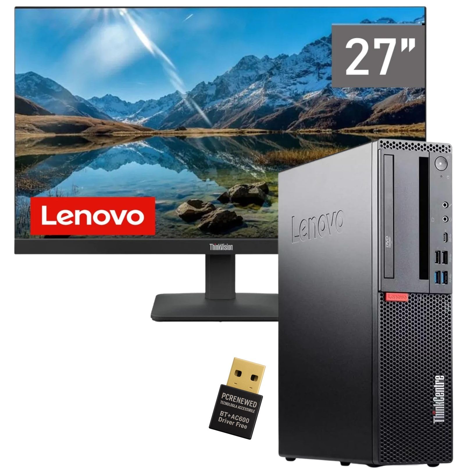 Lenovo PC Fisso Completo SFF i5-9500 16GB RAM 512GB SSD + Monitor 27" Full HD NUOVO | Windows 11 Pro + Office 2021 | WiFi | Desktop Ufficio Casa Pronto all’Uso (Ricondizionato + Nuovo) (PC+Minitor)