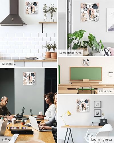 Miniatura 5 de Reloj de pared de madera bohemio con diseño abstracto, silencioso, sin tictac, color azul marino, rosa, planta tropical, reloj de pared cuadrado,