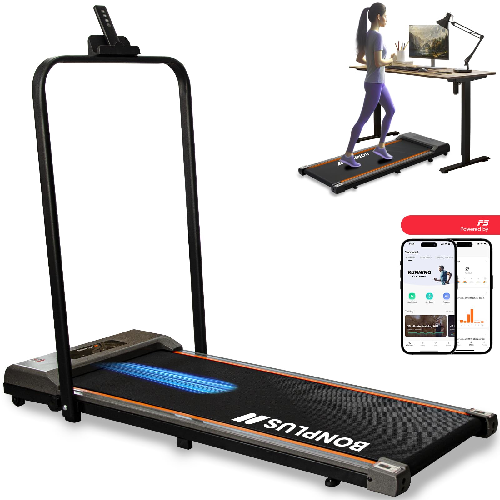 Cinta de Correr Plegable Ultra Slim 1.5HP, hasta 10km/h, Fácil de Guardar, Máx 100kg, Cinta de Andar Plegable, Superficie de Carrera 105x40cm, Conectividad App, 500W, Debajo de Escritorio