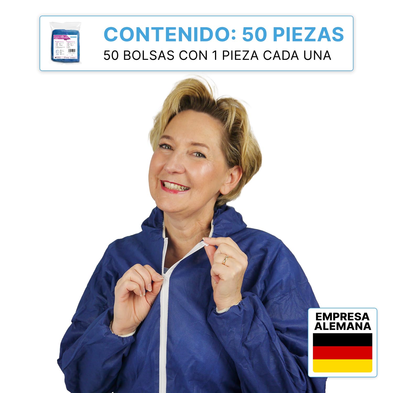 ARNOMED 50x Mono de protección PP extra fuerte, mono completo azul 50g/m², mono de pintor desechable XL, mono de trabajo para hombre/mujer con capucha, mono desechable, mono de protección desechable