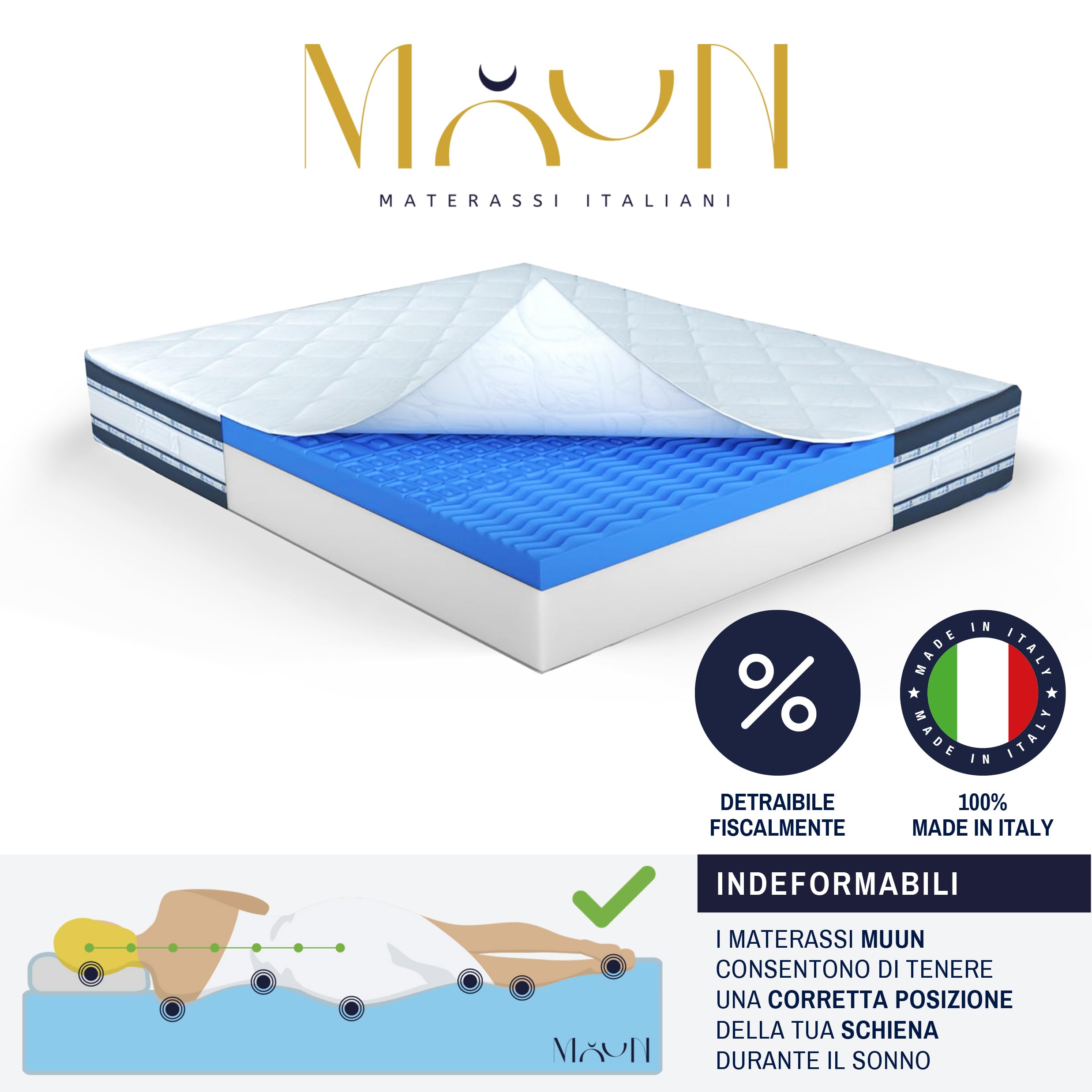 MUUN – Materasso Matrimoniale 160x200 cm in Memory Foam, Alto 26 cm, Ortopedico e Traspirante, Supporto Ergonomico per il tuo Letto. Sfoderabile, Anallergico e Semplice da Pulire. Modello Fenice