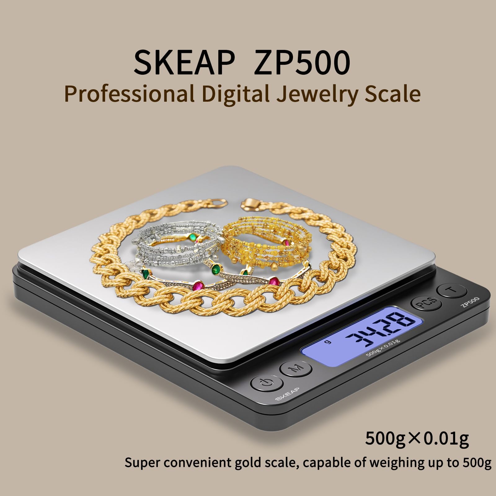 SKEAP ZP500 - Bilancia digitale per gioielli, 500 g x 0,01 g, bilancia portatile ad alta precisione con display LCD retroilluminato, adatta per oro, argento, platino, monete, gemme, lingotti