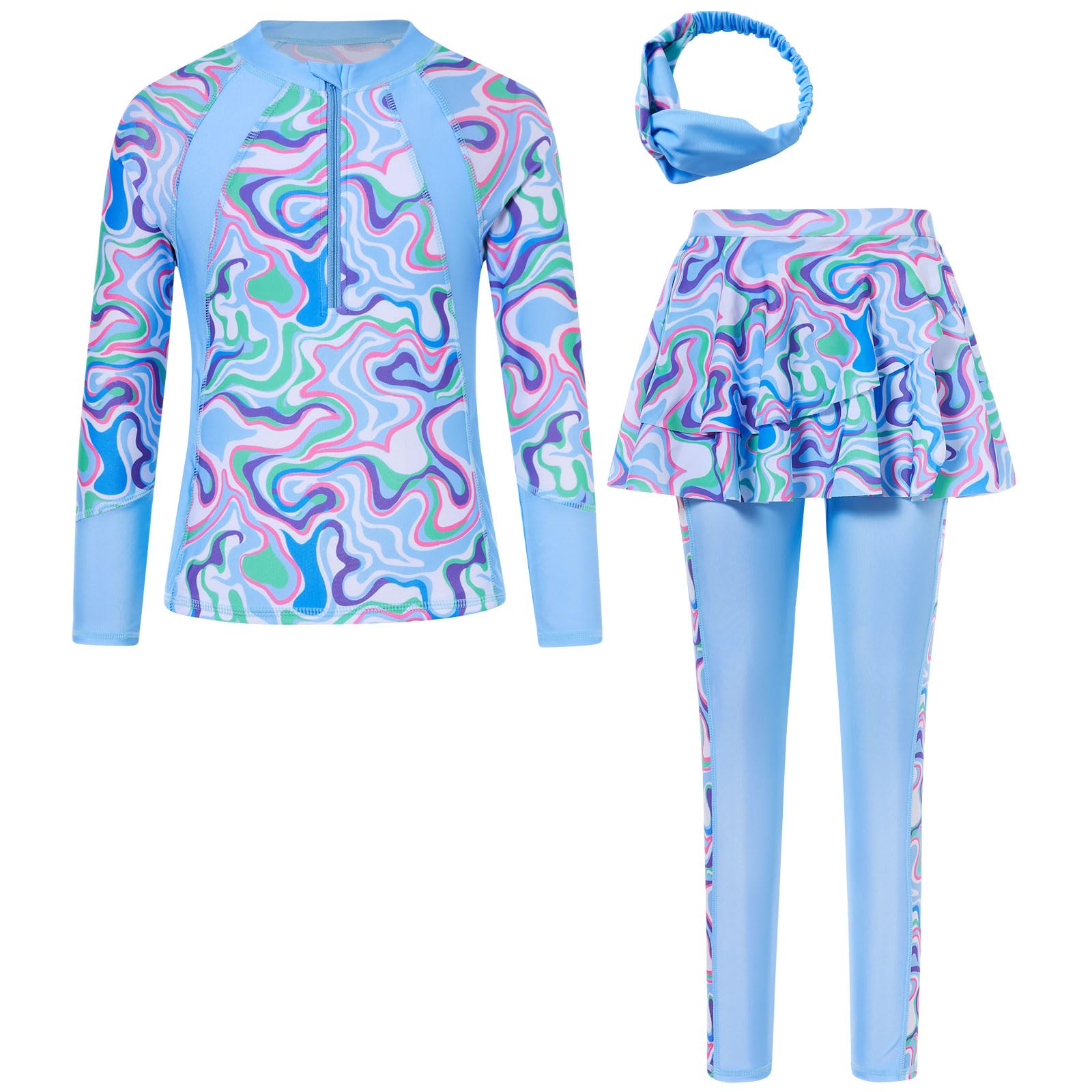Girls Long Sleeve Rashguard Half Zip Swimsuits UPF 50+ Two Piece Swim Sets with Hairband 5-12Y | Two Piece Swim Sets with Hairband