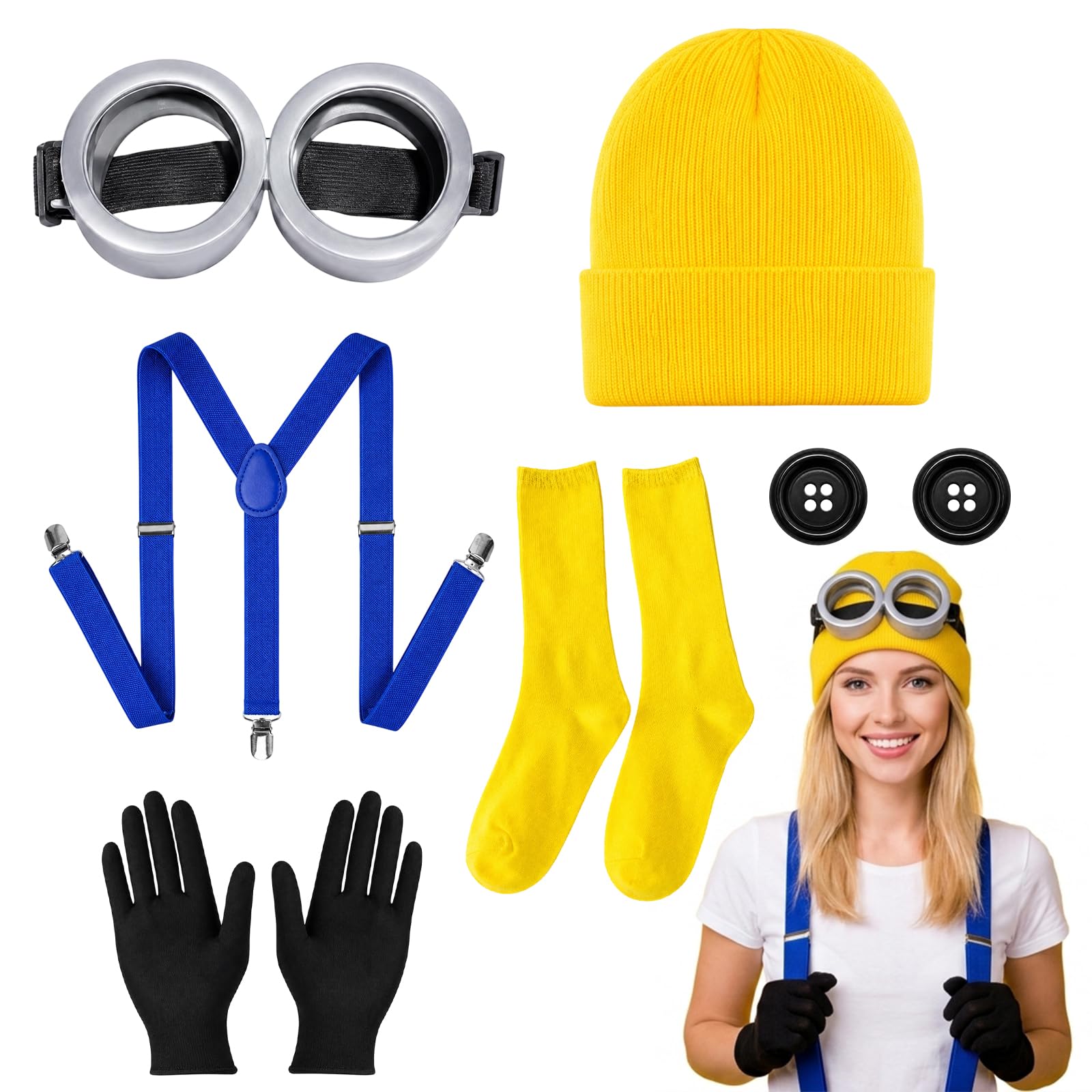 OBOVO 6 Pcs Yellow Costume Set, Adult Halloween Costumes Accessories, Cartoon Character Costume with Yellow Hat, Goggles, Suspenders, Gloves, Socks, Buttons, Halloween Cosplay Party Supplies
