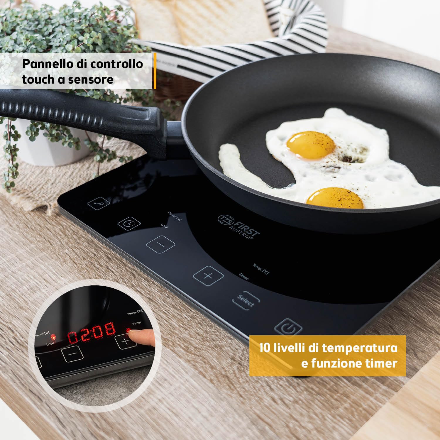 TZS First Austria - Piastra a Induzione 2000W - Design Ultra Sottile & Vetro Cristallo - Piano Cottura Digitale Touch, 10 Livelli & Timer - Ø 260 mm - Ideale per Camping & Ufficio