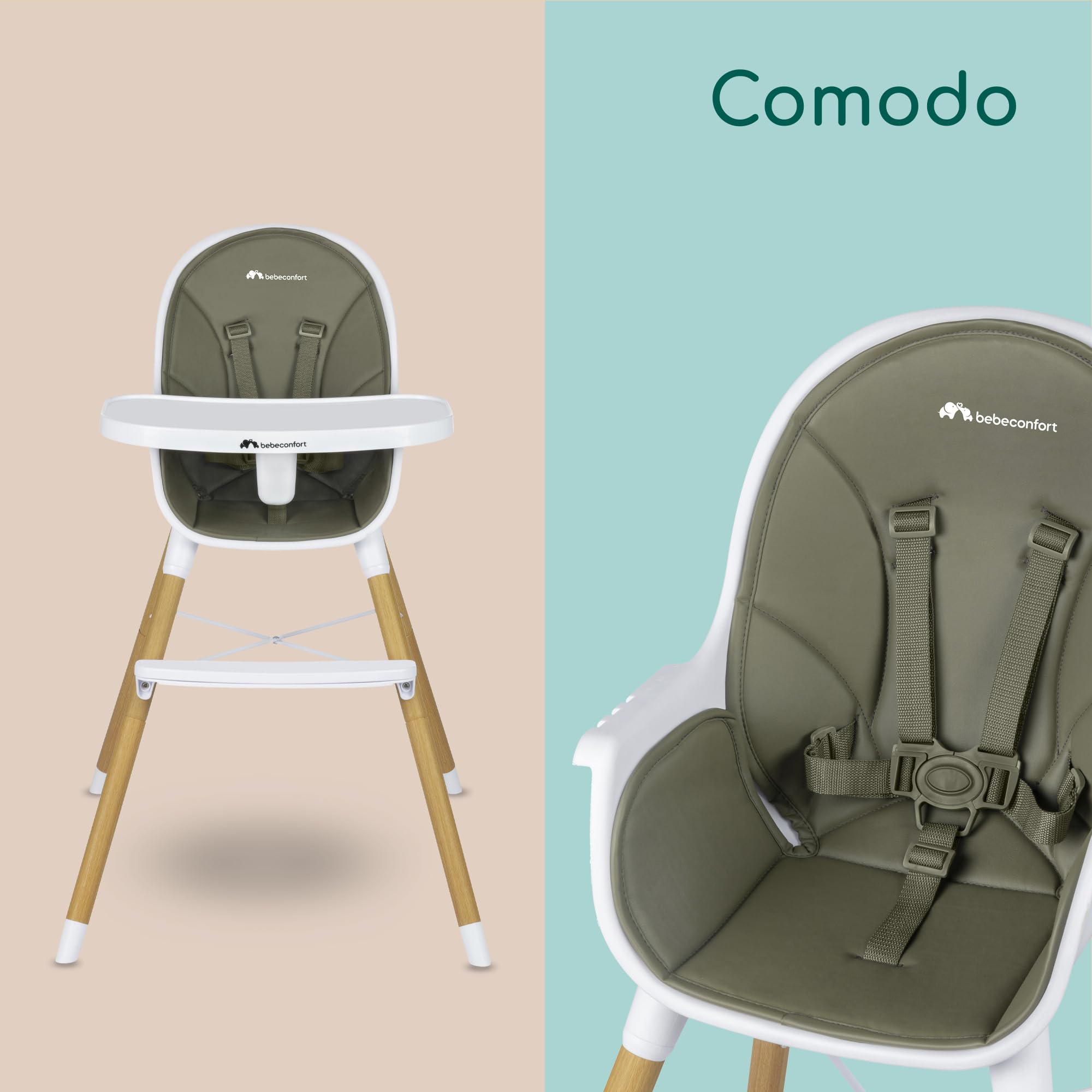 Bebeconfort Avista seggiolone pappa evolutivo che si trasforma in sedia bambino, con imbottitura e vassoio, dai 6 mesi, portata 30 kg, Mineral Green
