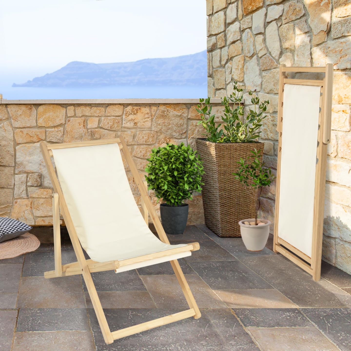 IDMarket - Lot de 2 chaises Longues Pliantes chilienne Bois Toile écrue