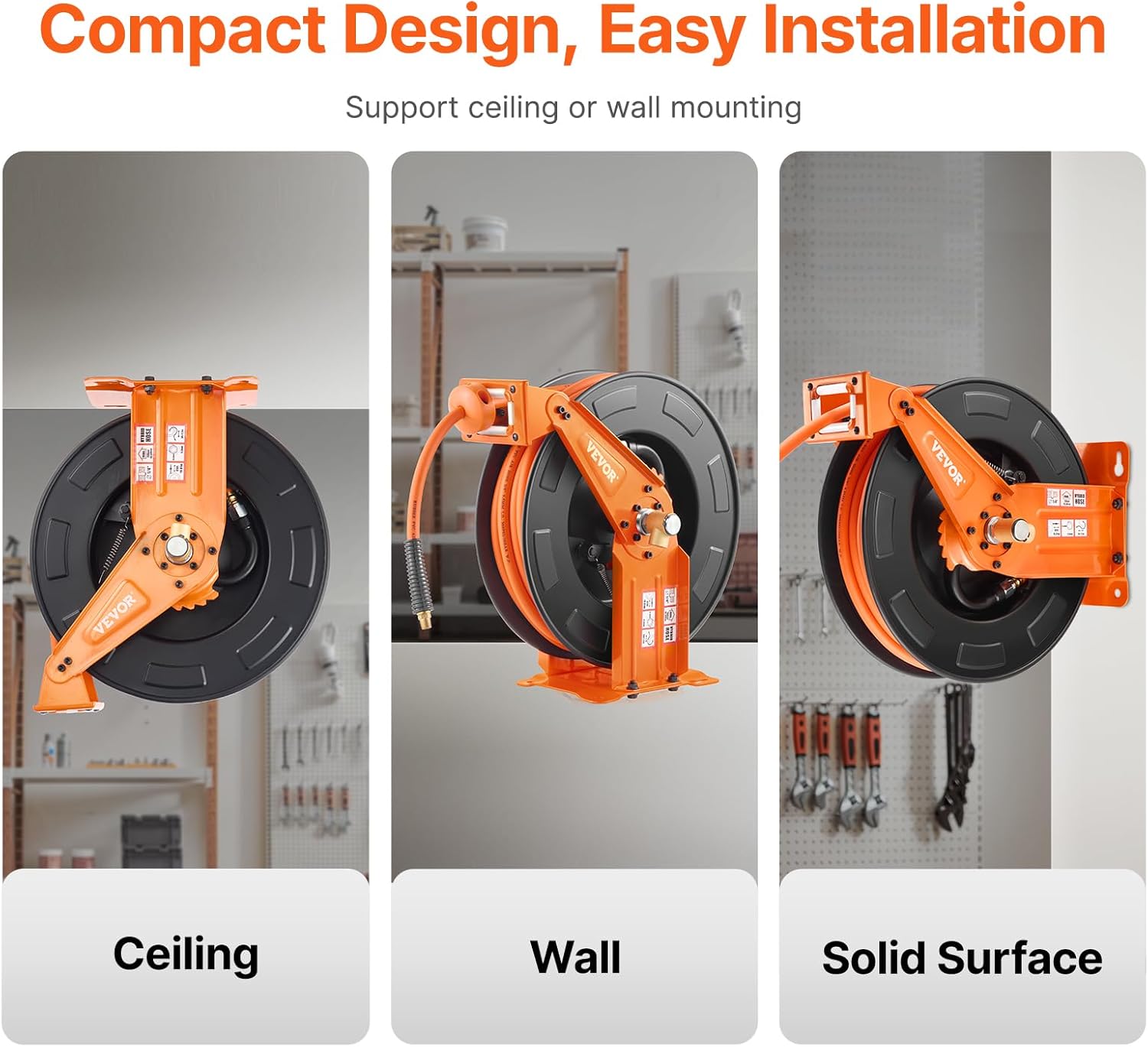 VEVOR Retractable Air Hose Reel with Double Arms, 3/8 IN x 65FT Hybrid Air Hose Max 300PSI, Air Compressor Hose Reel with 5FT Lead in, Ceiling/Wall Mount Heavy Duty Steel Reel for Workshop Garage - Image 6