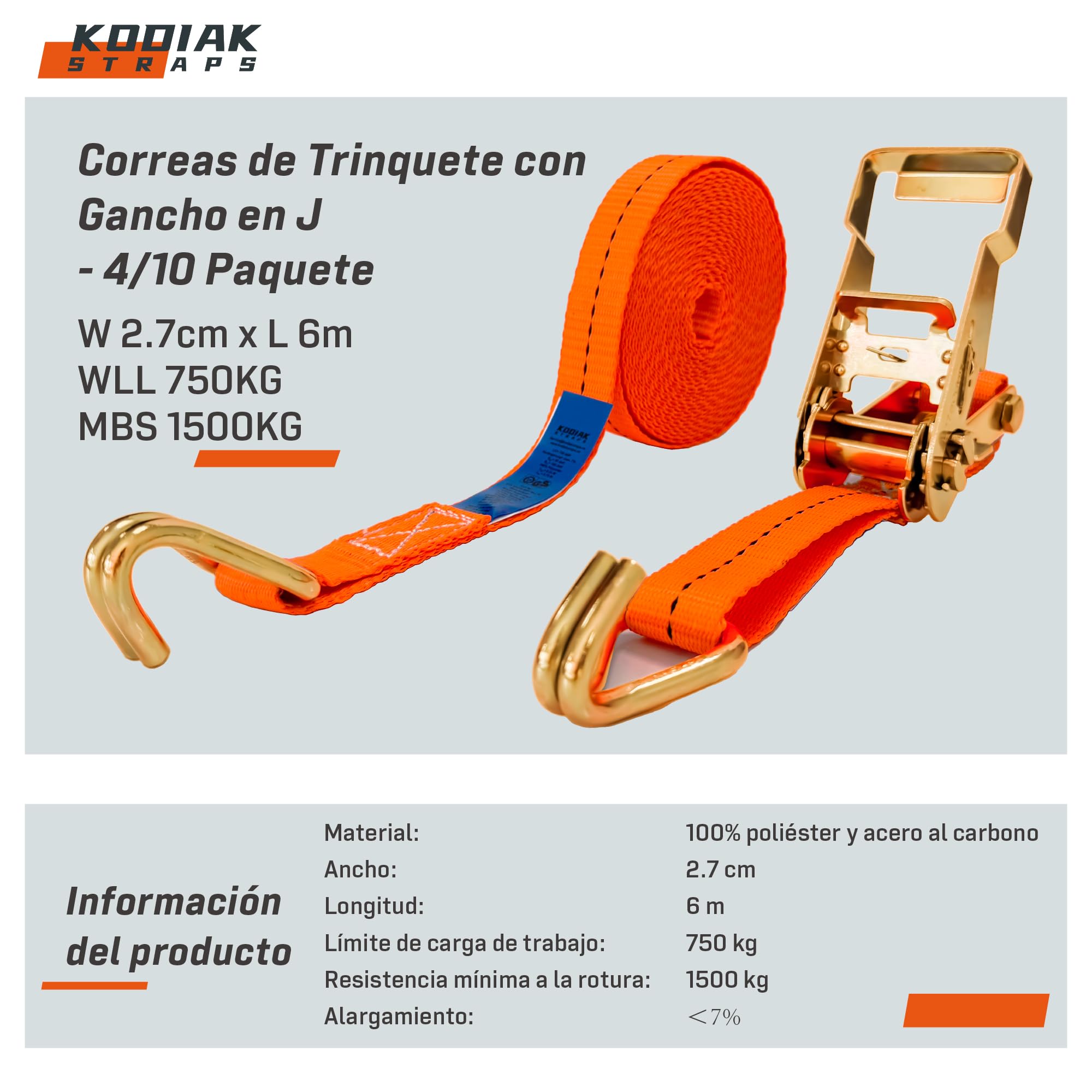 10 Correas Tensoras 6m x 1500inquete y Ganchos - Correas de 27mm - Correa de Trinquete Naranja para Sujeción de Carga - Certificado TÜV/GS según DIN EN 12195-2 - KODIAK STRAPS