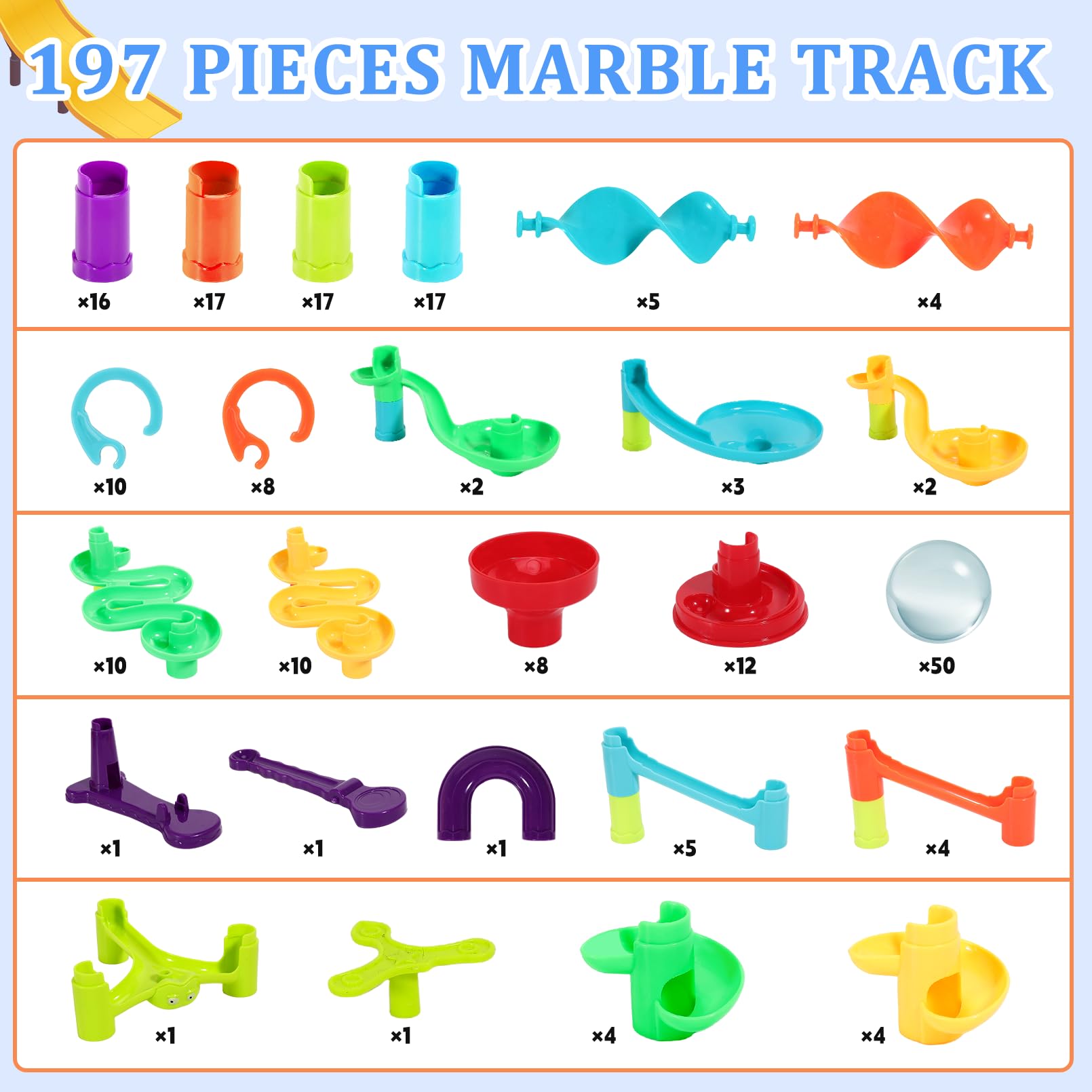 Juego de 197 piezas de bloques de construcción de mármol para niños, juego de laberinto de mármol, juego de carreras de canicas, juguete educativo de aprendizaje para niños y niñas (147 piezas + 50 3