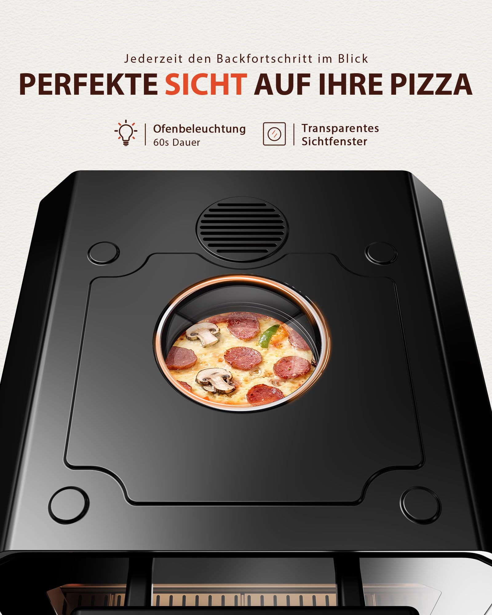 Pizzaofen Elektrisch 450°C – Neapolitanische Pizza in 90 Sek, Sichtfenster & Innenbeleuchtung, 6 Programme & & 6 Kochmodi, Profi-Koch-Modus, Pizzaschaufel & Pizzastein & Backblech