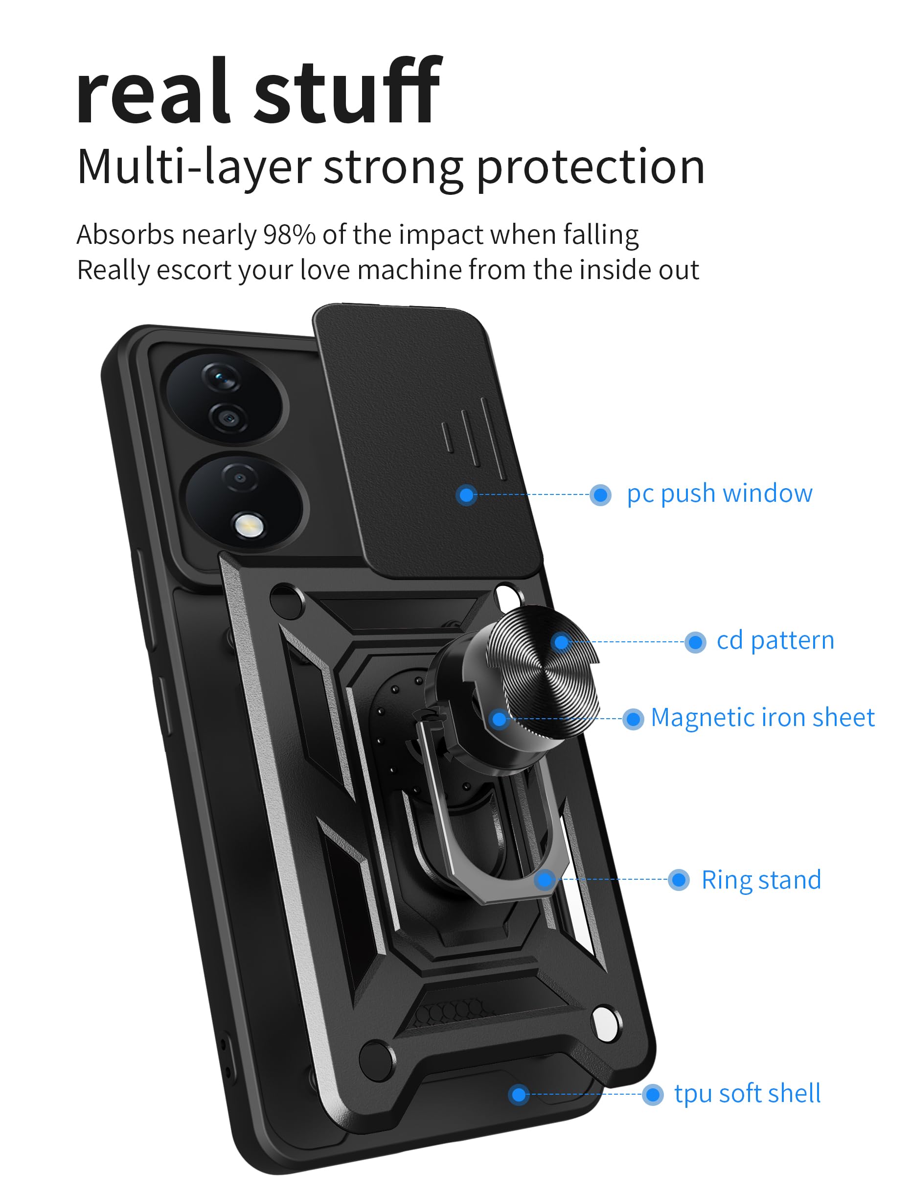 Carinacoco Case For HONOR X7b/HONOR 90 Smart With 3 Tempered Glass Screen Protector, With Slide