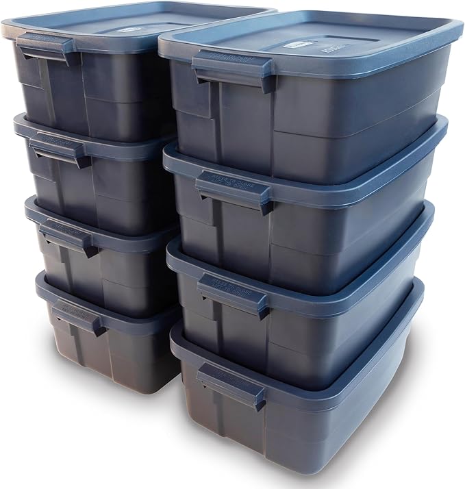 Rubbermaid Roughneck Tote 25 Gal, 4 Pack, Made in USA, Dark Indigo Metallic, Rugged Plastic Stackable Storage Bins with Lids and Handles