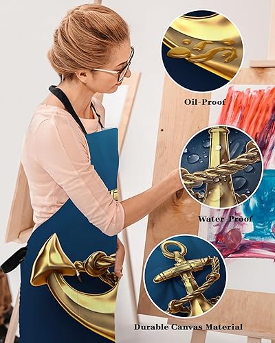 Miniatura 3 de Yellow Anchor Bib Aprons with Pockets Waterproof, Adjustable Apron for Men Women Coastal Nautical Anchor Navy Blue