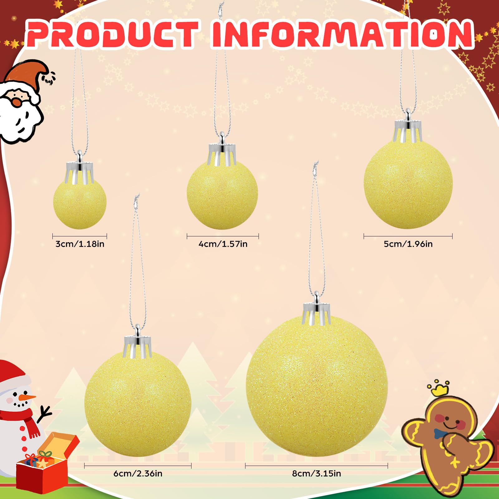 100 adornos de bolas de Navidad amarillas con purpurina de 5 tamaños, inastillables, árbol de Navidad con lazo para colgar y cuerda, bola decorativa de Navidad para decoración de guirnaldas colgantes