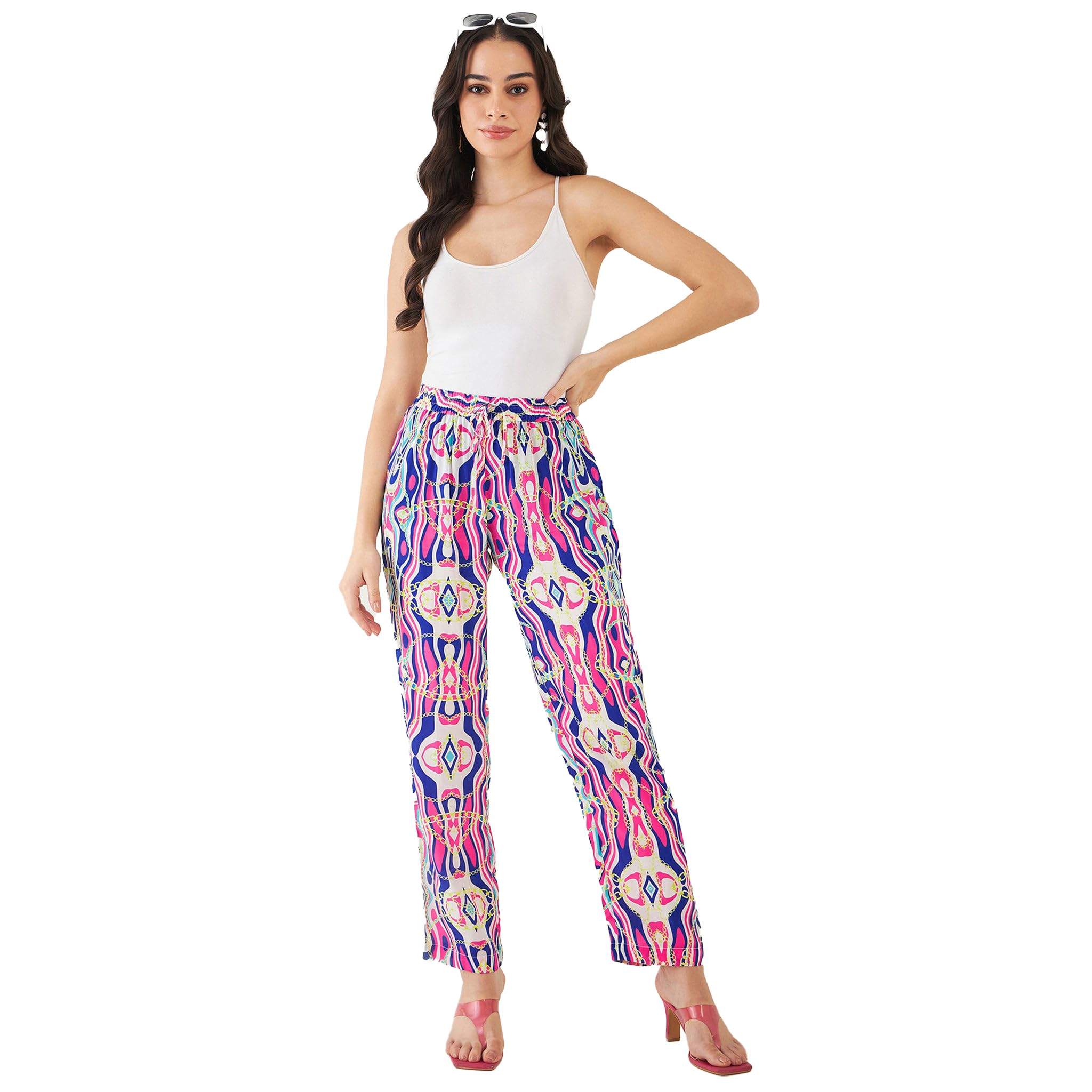Blue and Pink Marine Wave Print Pants in Viscose Crepe for Women by Ramola Bachchan-image-19