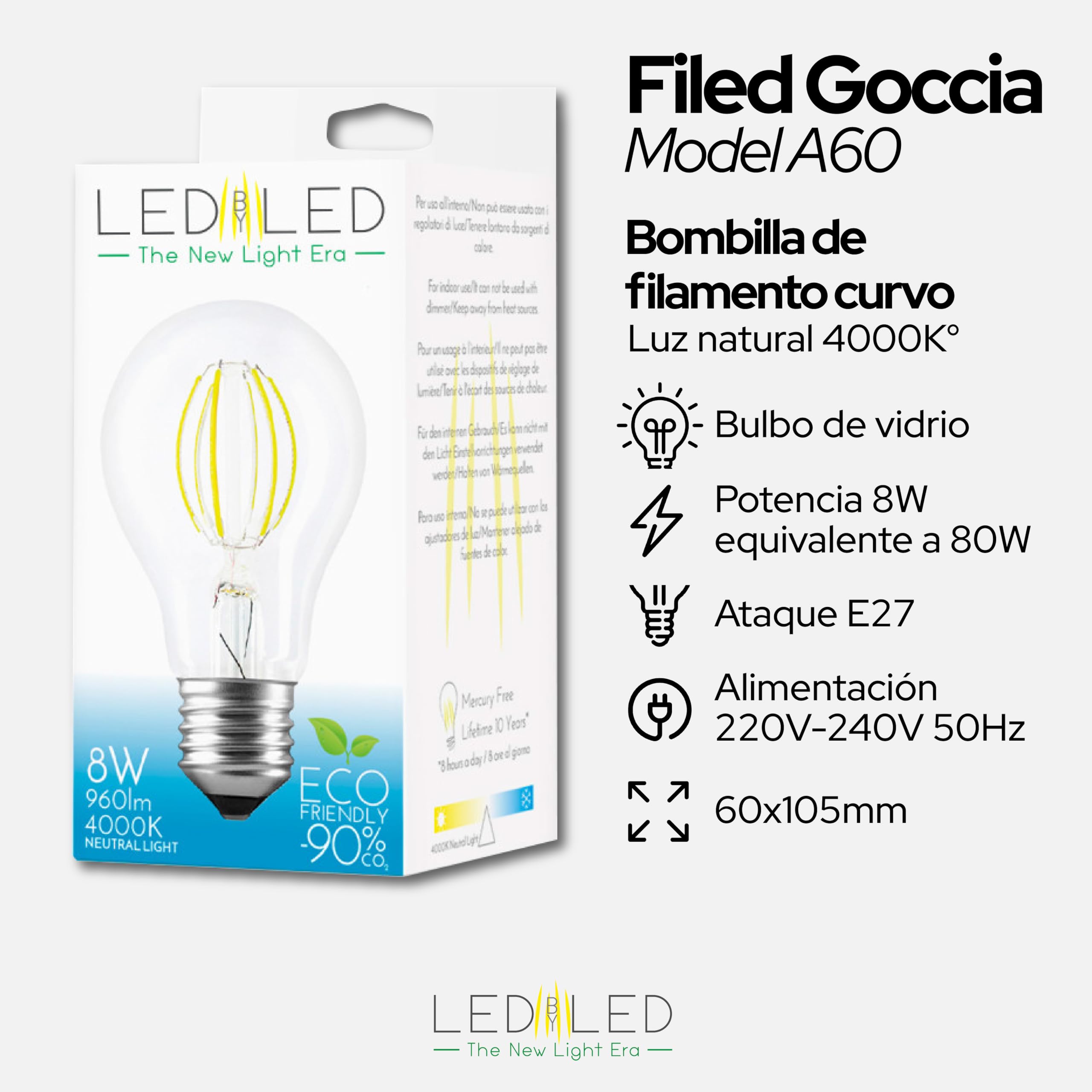 Bombilla Gota 8W Equivalente a 80W, E27, Cristal Esmerilado, 4000K Luz Natural, Filamento Curvo, 1040 Lúmenes, Paquete de 10 unidades