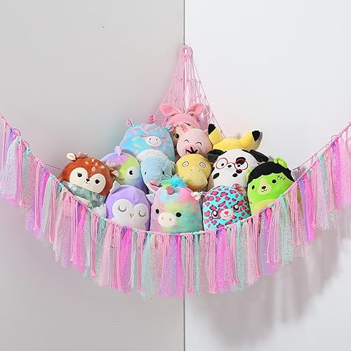 Hamaca de red de juguetes de peluche de macramé bohemio para animales de peluche con red ligera para mascotas para animales de peluche, colgante en